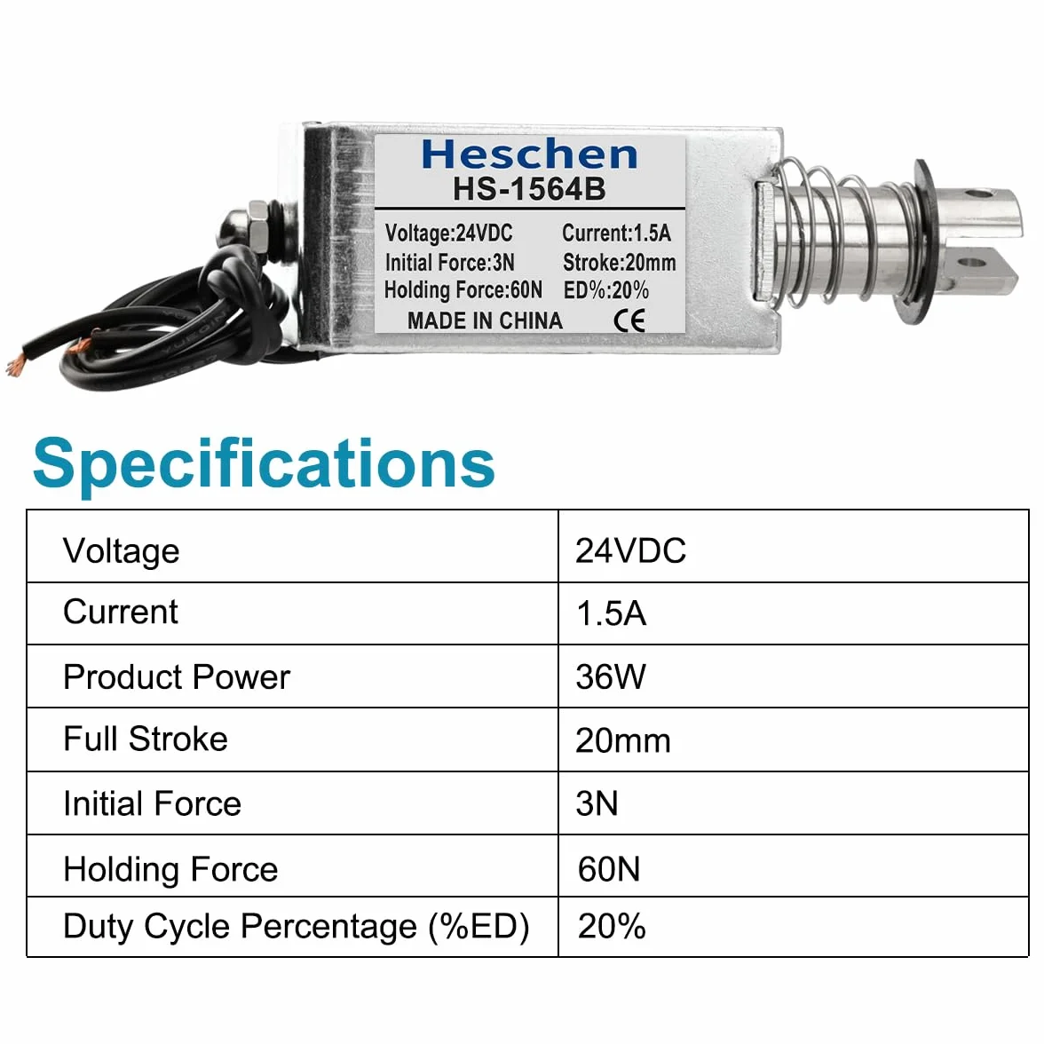 Heschen Elektromagnes elektromagnetyczny, HS-1564B, DC24V 1,5A, skok 20 mm, siła 60N, typ Push Pull, otwarta rama, ruch liniowy