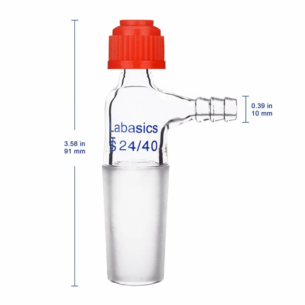 Labasics Szklany adapter do termometru, przegub wewnętrzny 24/40, szkło borokrzemowe, adapter próżniowy z ząbkowanym przyłączem węża i nasadką kompresyjną, wyroby ze szkła laboratoryjnego