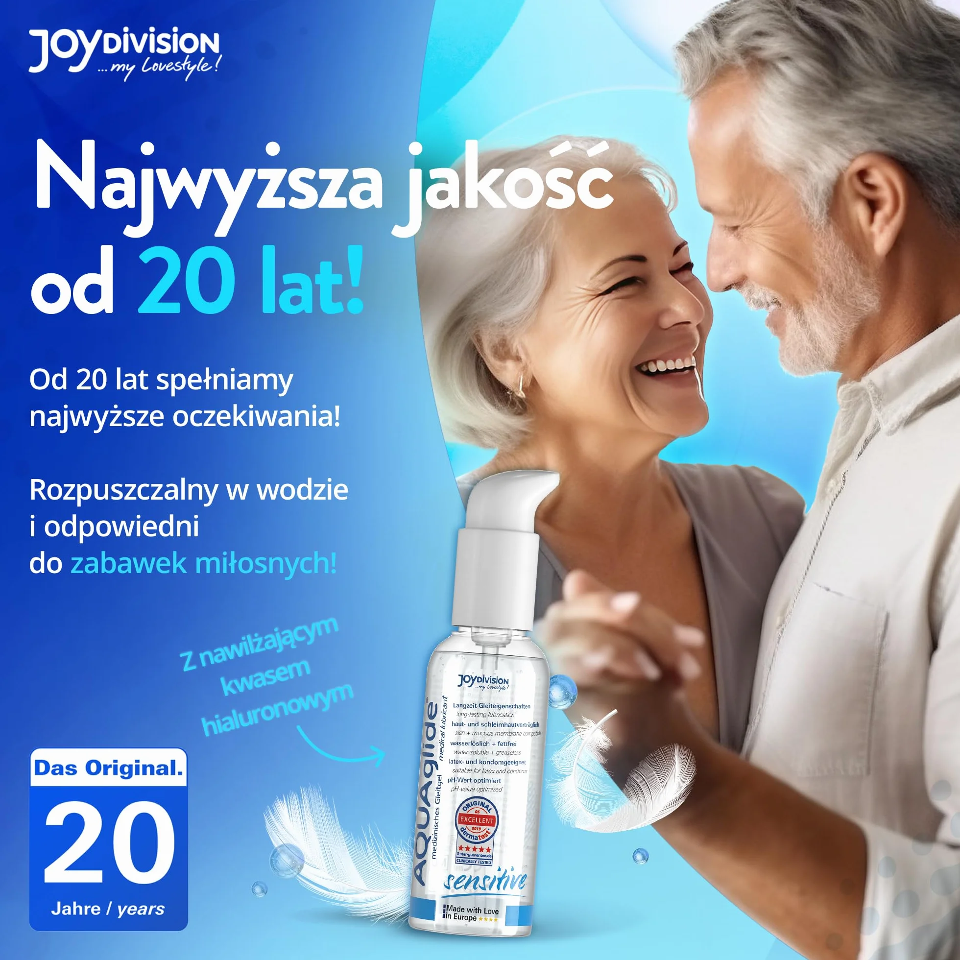 JOYDIVISION Oryginalny lubrykant AQUAglide Sensitive 125 ml, krystalicznie czysty i wegański lubrykant, o zoptymalizowanym pH i kompatybilny z prezerwatywami lateksowymi.