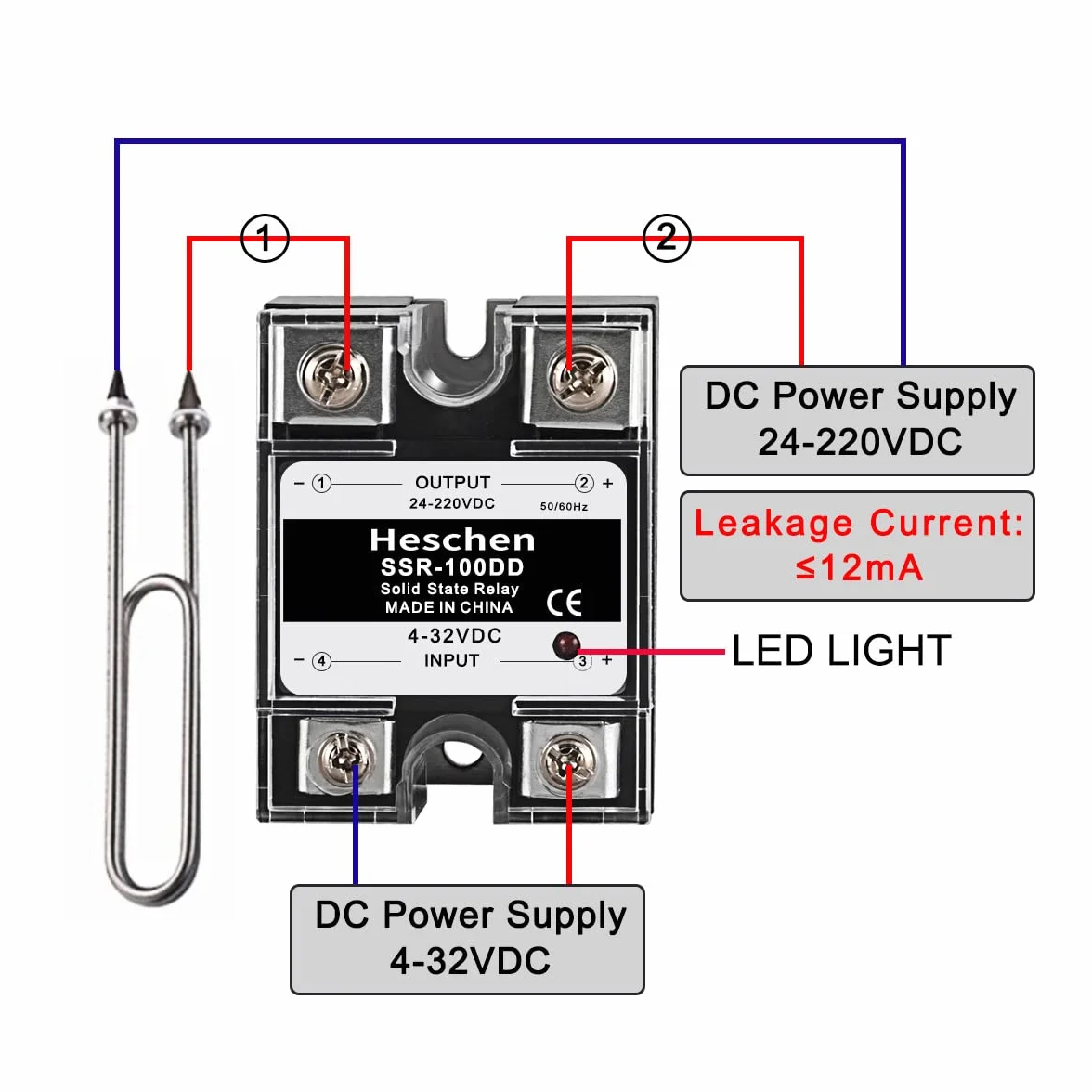 Heschen Przekaźnik półprzewodnikowy jednofazowy DC/DC, SSR-100DD, wejście 4-32VDC, wyjście 24-220VDC, 100A 50-60Hz