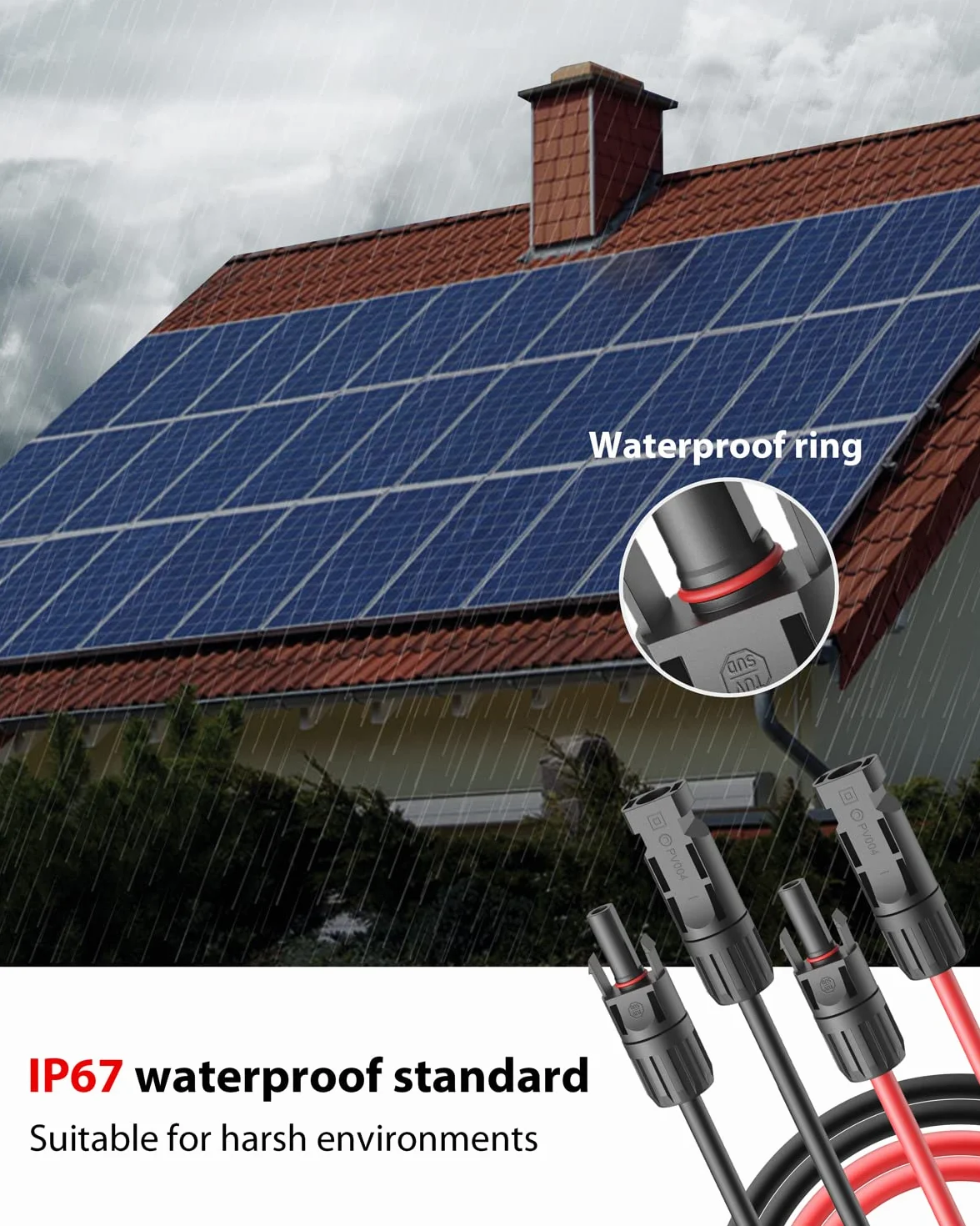 Stouchi kabel solarny, 2 m, 6 mm2, przedłużacz solarny z wtyczką, gniazdem i wtyczką, panel słoneczny, kabel pv do modułu solarnego IP67, wodoszczelna wtyczka, napięcie znamionowe 1500 V (czerwony + czarny)