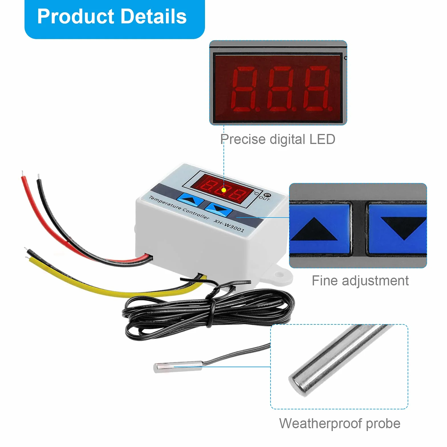RUIZHI XH-W3001 cyfrowy regulator temperatury z wyświetlaczem LCD, DC 12V 120W termostat z wodoodpornym czujnikiem, mikrokomputerowy termostat