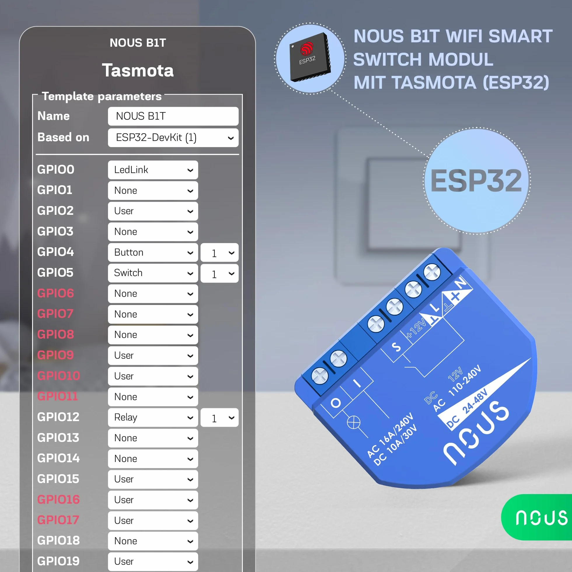 NOUS Moduł WiFi Smart Switch z Tasmota, AC 16A/DC 10A, ESP32, Matter, MQTT, 1 kanał, suche styki