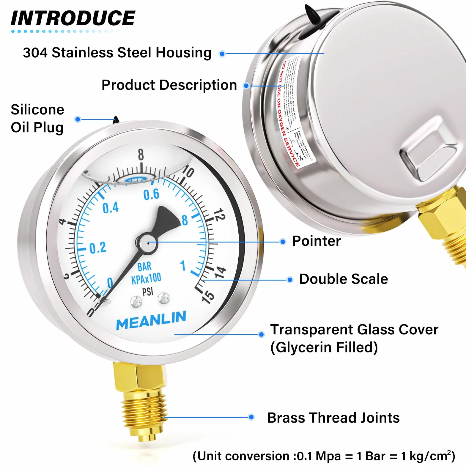 MEANLIN MEASURE 0~1BAR/15PSI Manometr wypełniony cieczą,Stal nierdzewna 1/4" BSP 2.5"DIAL,WOG Woda Olej Powietrza Dolny uchwyt, z 1/4" x 1/2"BSP i 1/4" x 3/8"BSP Piasta sześciokątna