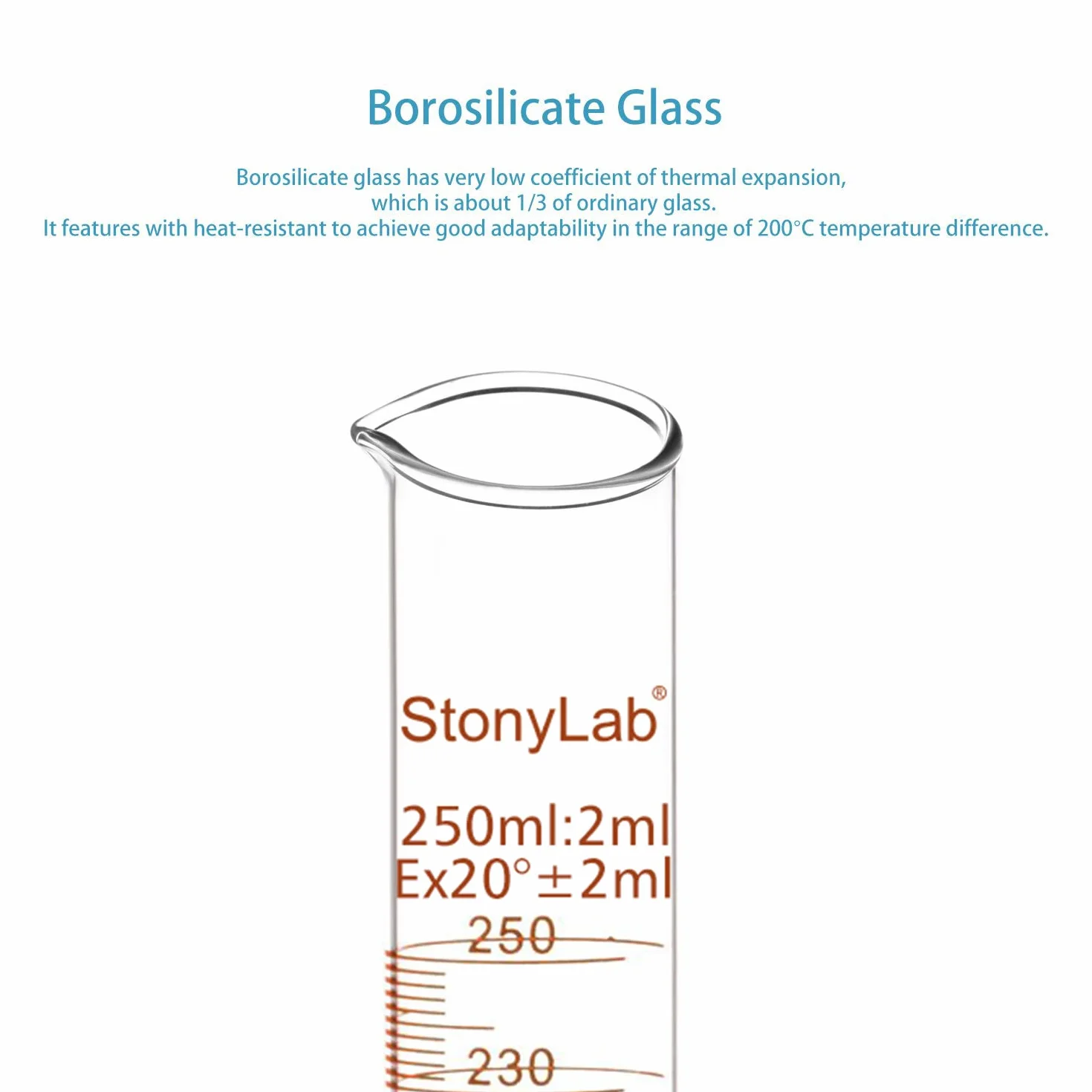 stonylab Graduated Cylinder Szkło (Opakowanie 1), Graduated Cylinder Szkło Borokrzemianowe 250 ml Ciężka Ściana Szkło Stopniowe Cylinder Pomiarowy