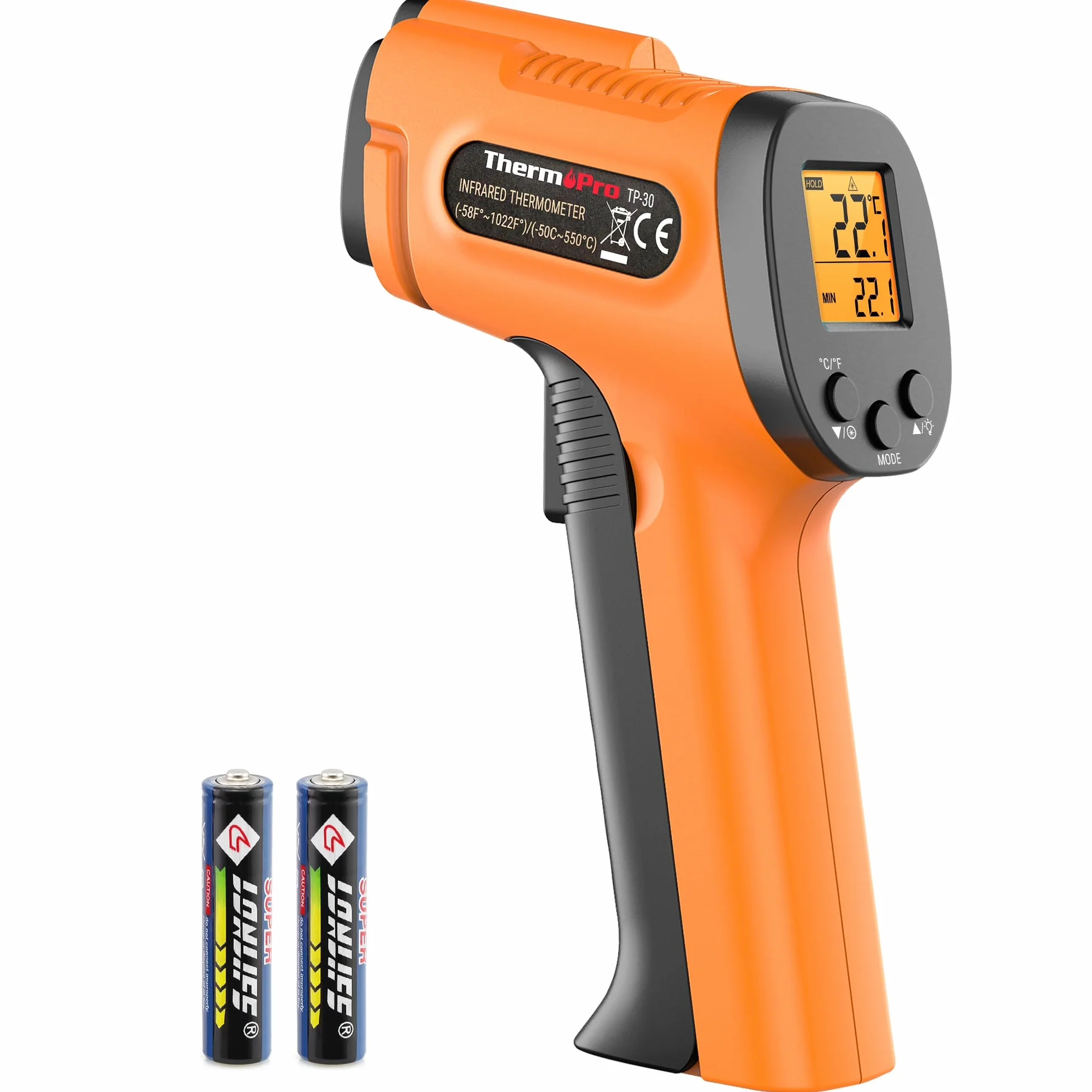 ThermoPro TP30 - termometr na podczerwień, cyfrowy laserowy miernik temperatury -50°C ~ 550°C, regulowany współczynnik emisji, pomiary MAX/MIN/AVG (NIE do użytku na ludziach). Idealny do klimatyzacji