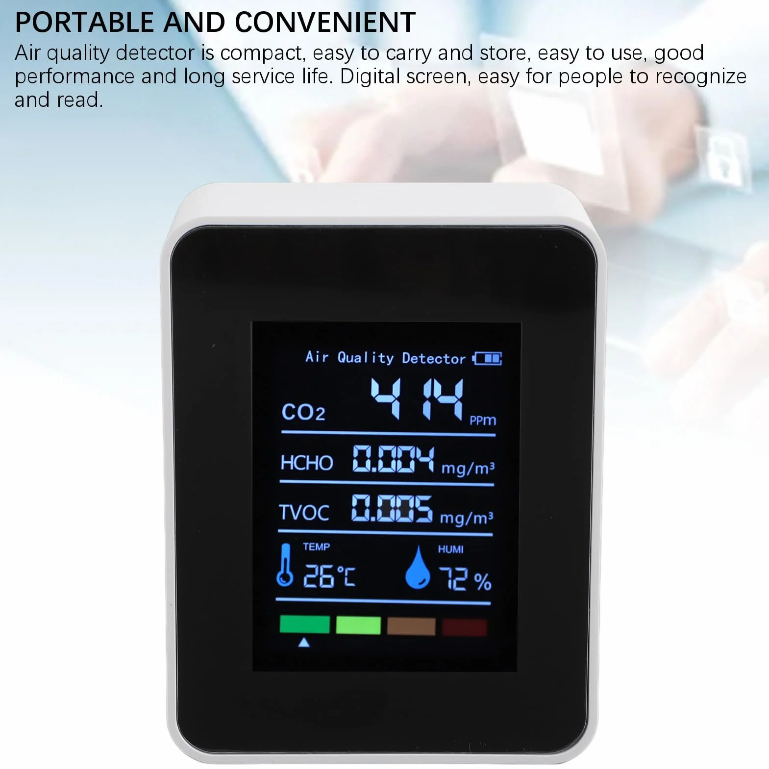 Monitor Jakości Powietrza 5 w 1, Miernik Testowy CO2/HCHO/TVOC/temperatury/wilgotności, Inteligentny Detektor Jakości Powietrza z Wyświetlaczem i baterią 1200 MAh, do Domu, Biura