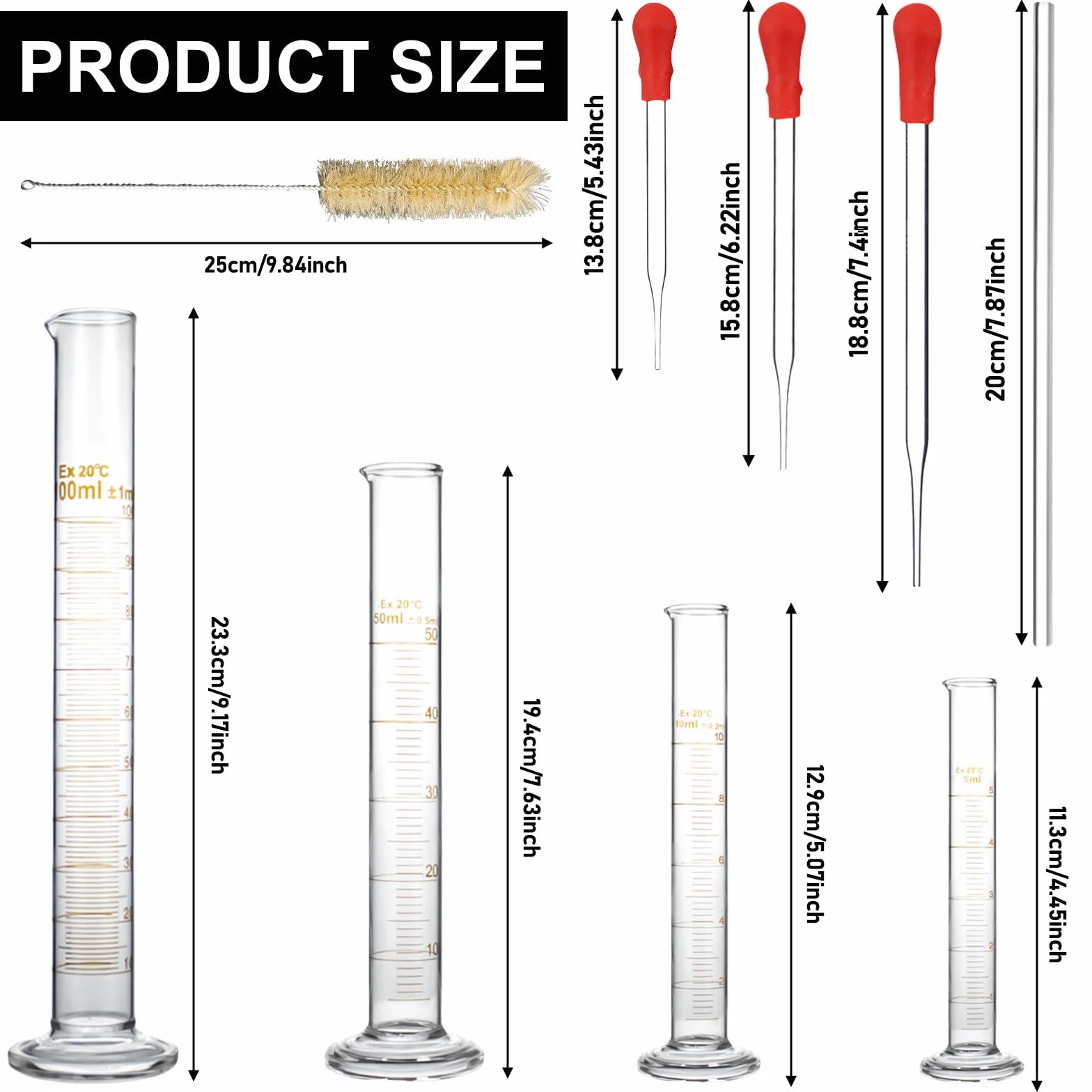 Cylinder miarowy ze szkła, 10 szt. cylindrów z grubym szkłem z podziałką, zestaw 4 cylindrów pomiarowych 5 ml/10 ml/50 ml/100 ml, 3 szklane pipety, 1 pręt szklany, 2 szczotki do probówek do