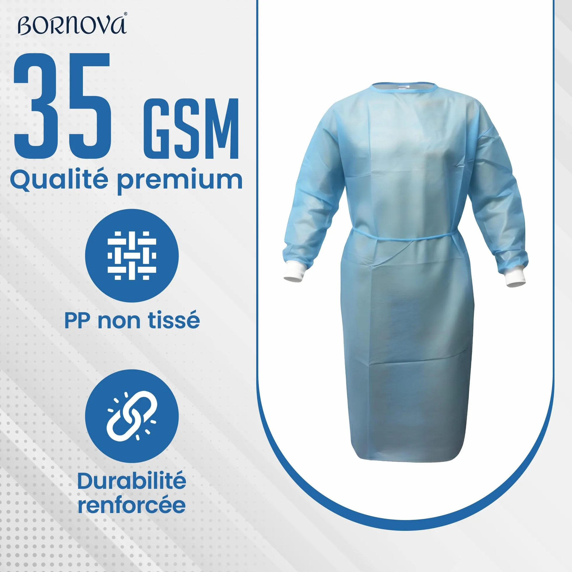 BORNOVA Jednorazowy fartuch medyczny chirurgiczny PP uniwersalny ciemnoniebieski 35 g/m2 (10)