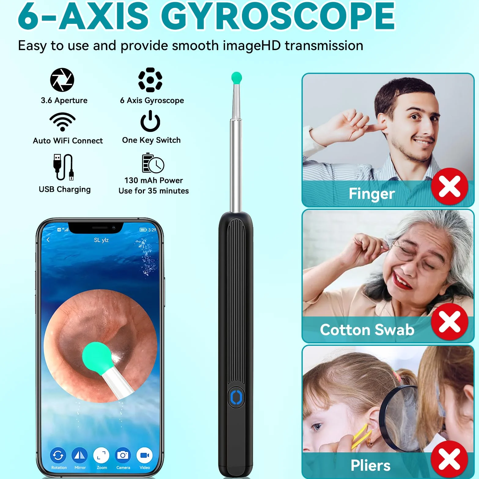 Endoskop uszny, WiFi, endoskop, otoskop, 1080P, IP67, wodoodporna kamera uszna HD z 6 diodami LED, otoskop, kompatybilna z ios i Androidem, dla iPhone, Android, iPad, dorosłych, dzieci, z
