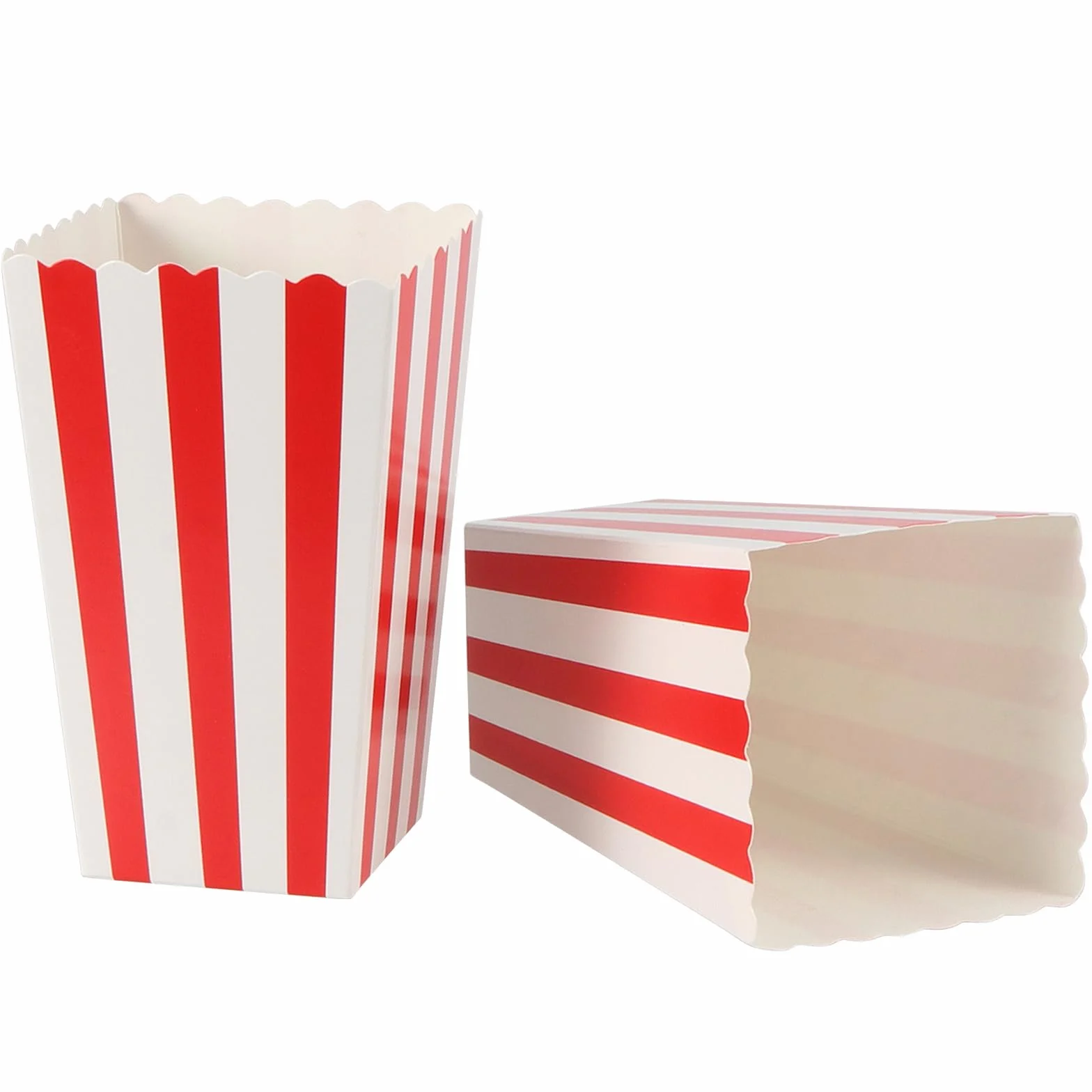 ZOENHOU 120 sztuk torebek na popcorn czerwono-białe paski mini pudełka na przekąski kartonowe pojemniki na słodycze zestaw