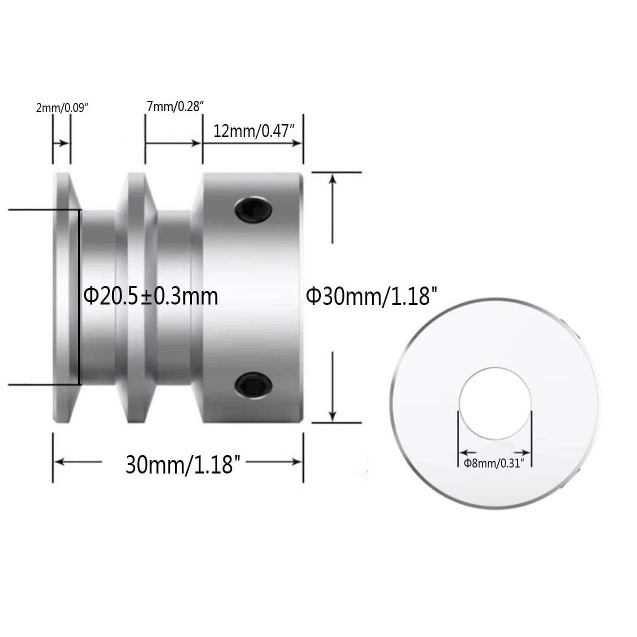 CHANCS Koło pasowe z podwójnym rowkiem ze stopu aluminium 30 mmOD 8 mm stałe koło pasowe z otworem do wału silnika wiertarki 6 mm (1/4") PU okrągły pasek