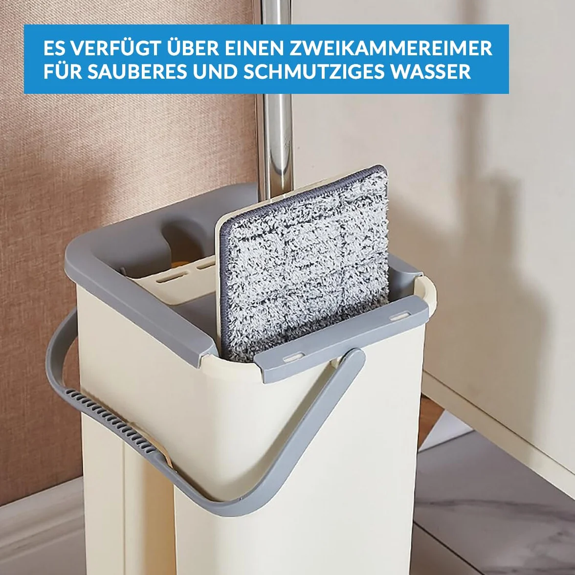 Płaski mop z dwukomorowym wiadrem i podkładkami z mikrofibry – drążek teleskopowy, kompaktowa konstrukcja, wydajne czyszczenie wszystkich podłóg