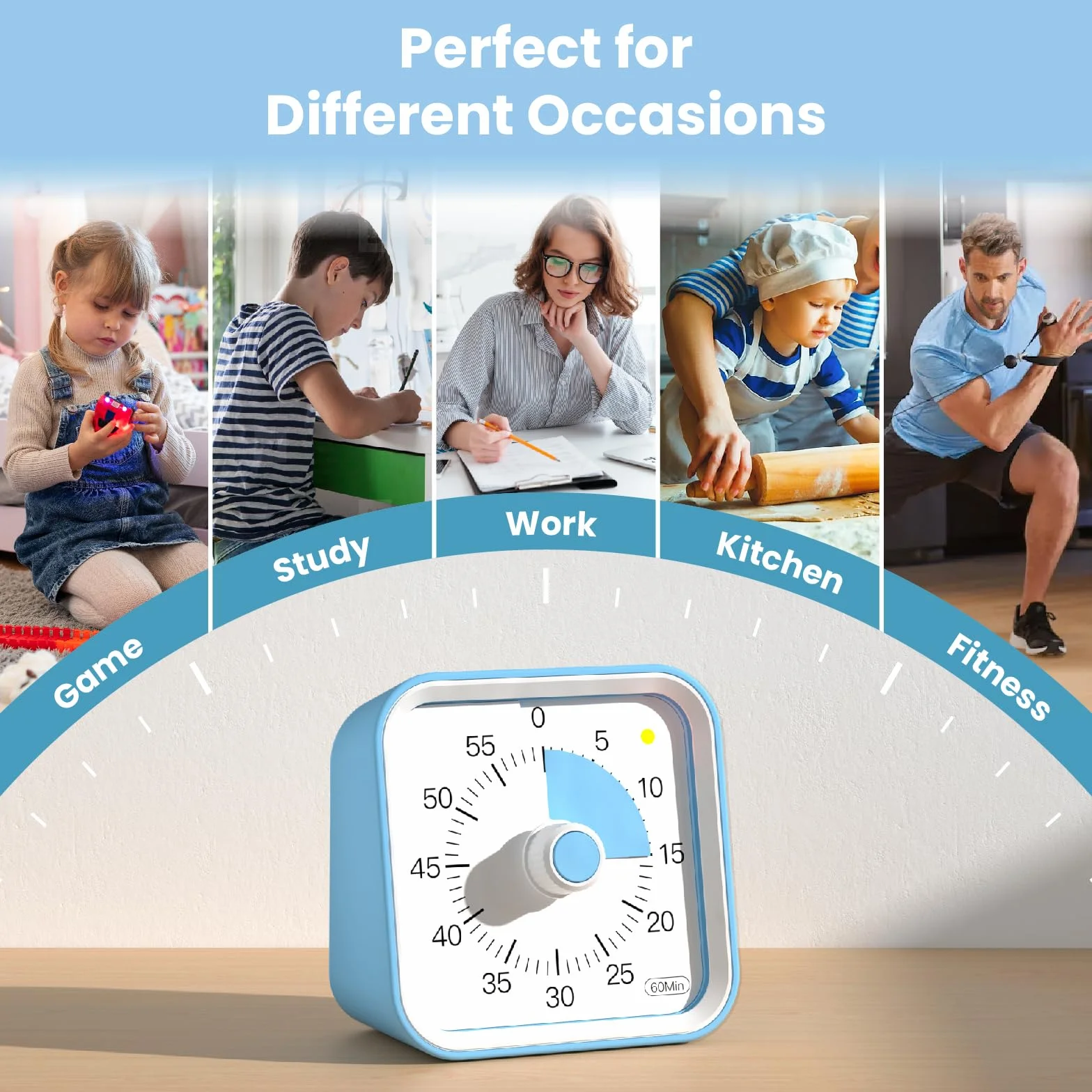 Wizualny timer z funkcją pauzy dla dzieci i dorosłych, czasomierz produktywności do nauki, nauczania, gotowania w kuchni, spotkań biurowych, zarządzania czasem dla ADHD (niebieski)