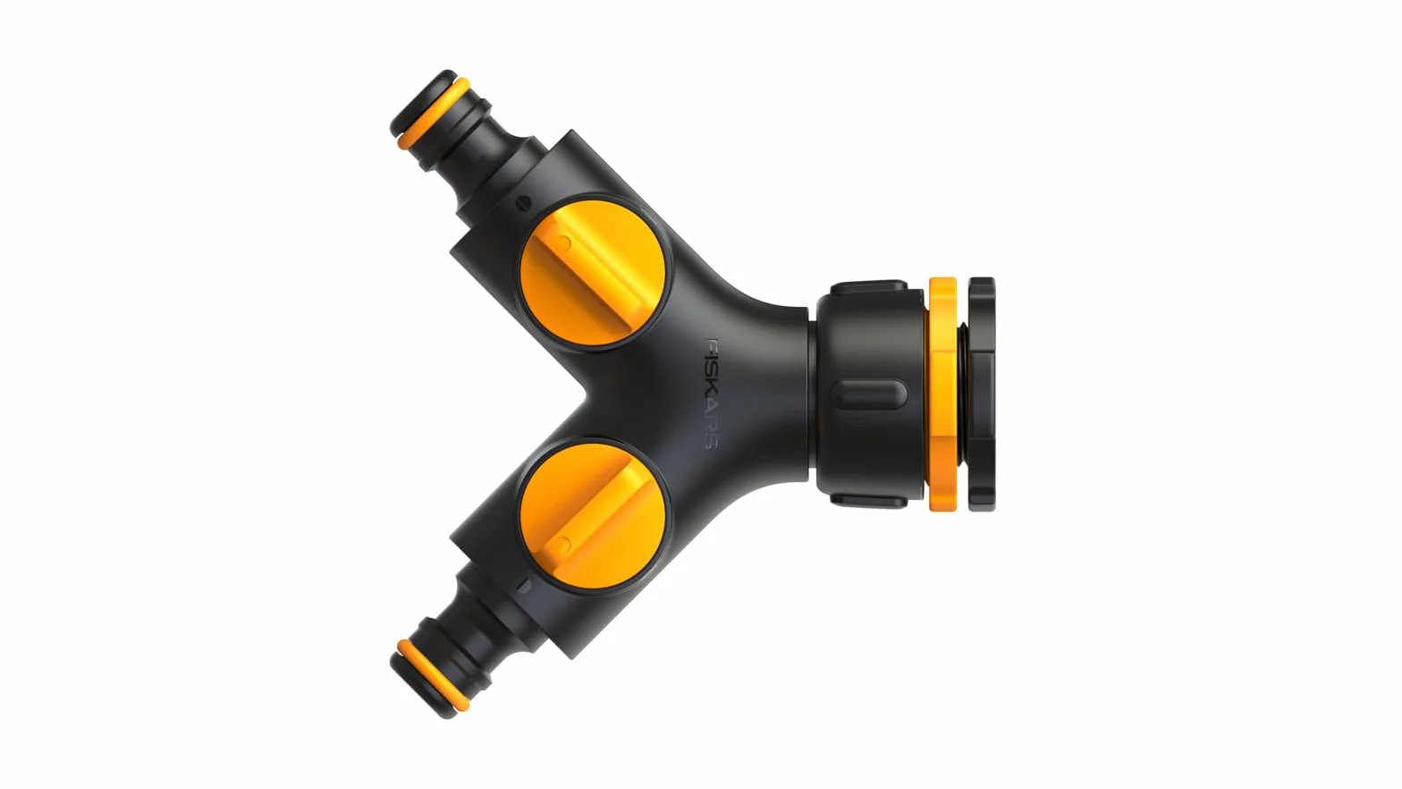Fiskars Zawór 2-drożny Multi, z zaworem włączania/wyłączania, dla trzech rozmiarów gwintów Ø 21 mm (1/2), Ø 26,5 mm (3/4) i Ø 33,3 mm (1), 85 g, czarny/pomarańczowy, 1027061