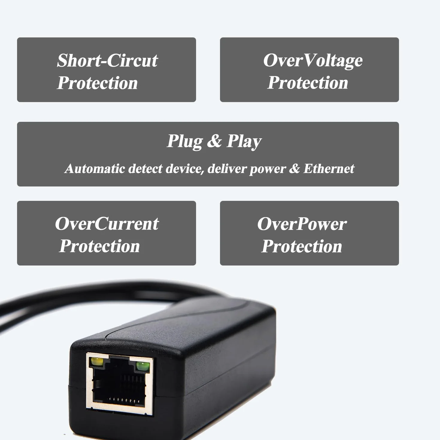 Rozdzielacz PoE Gigabit 36 W 12 V/3 A, DC 5,5 x 2,1 mm wtyczka PoE do DC 12 V/3 A, Gigabit Ethernet odpowiada IEEE802.3ft, Plug and Play (PS5712BG)