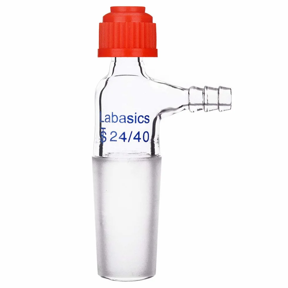 Labasics Szklany adapter do termometru, przegub wewnętrzny 24/40, szkło borokrzemowe, adapter próżniowy z ząbkowanym przyłączem węża i nasadką kompresyjną, wyroby ze szkła laboratoryjnego