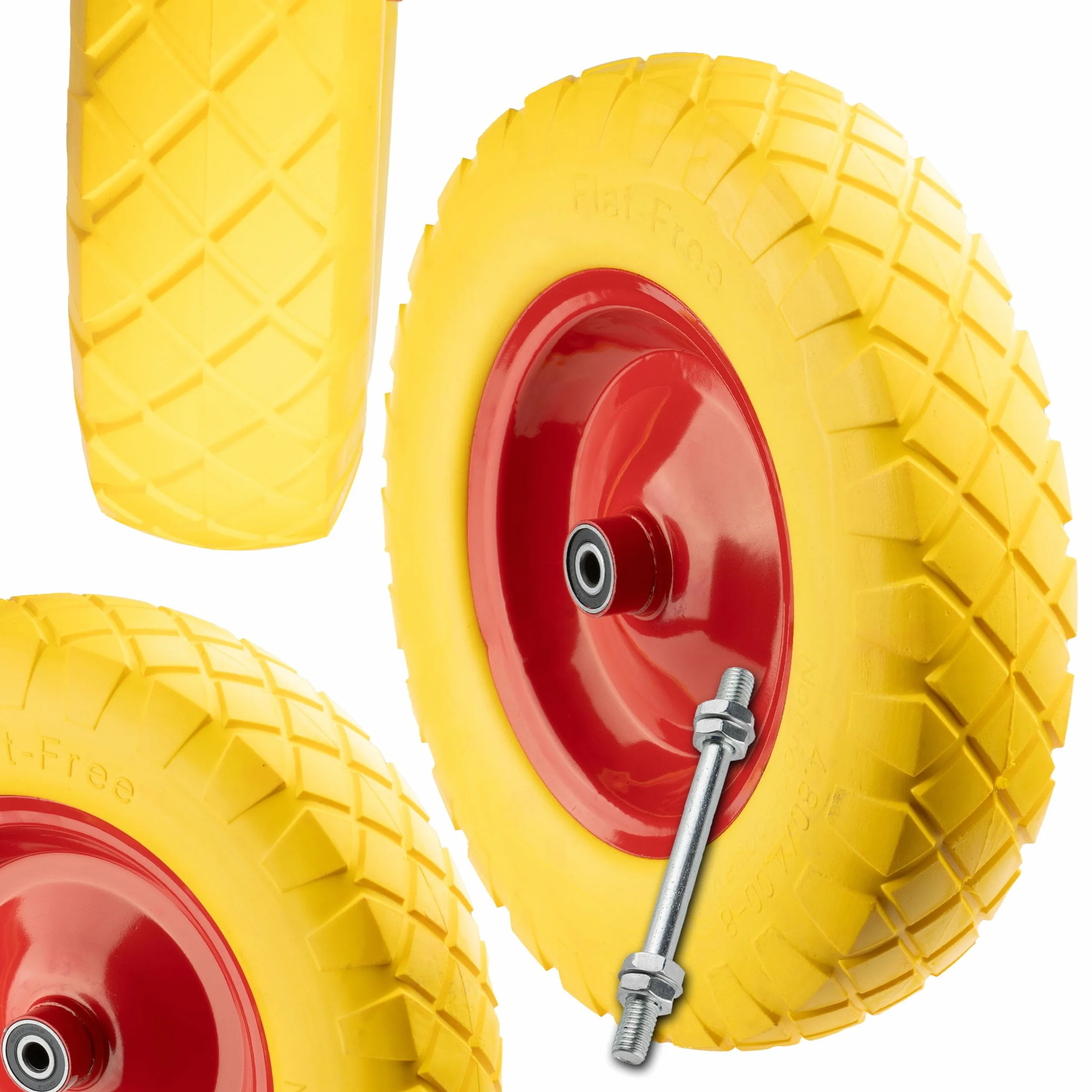 Koło do Taczki Pełne Stałe 4.00-8 PU Żółta Guma Wysokiej Jakości Bezdętkowe Metalowa Felga z Ośką max 130kg
