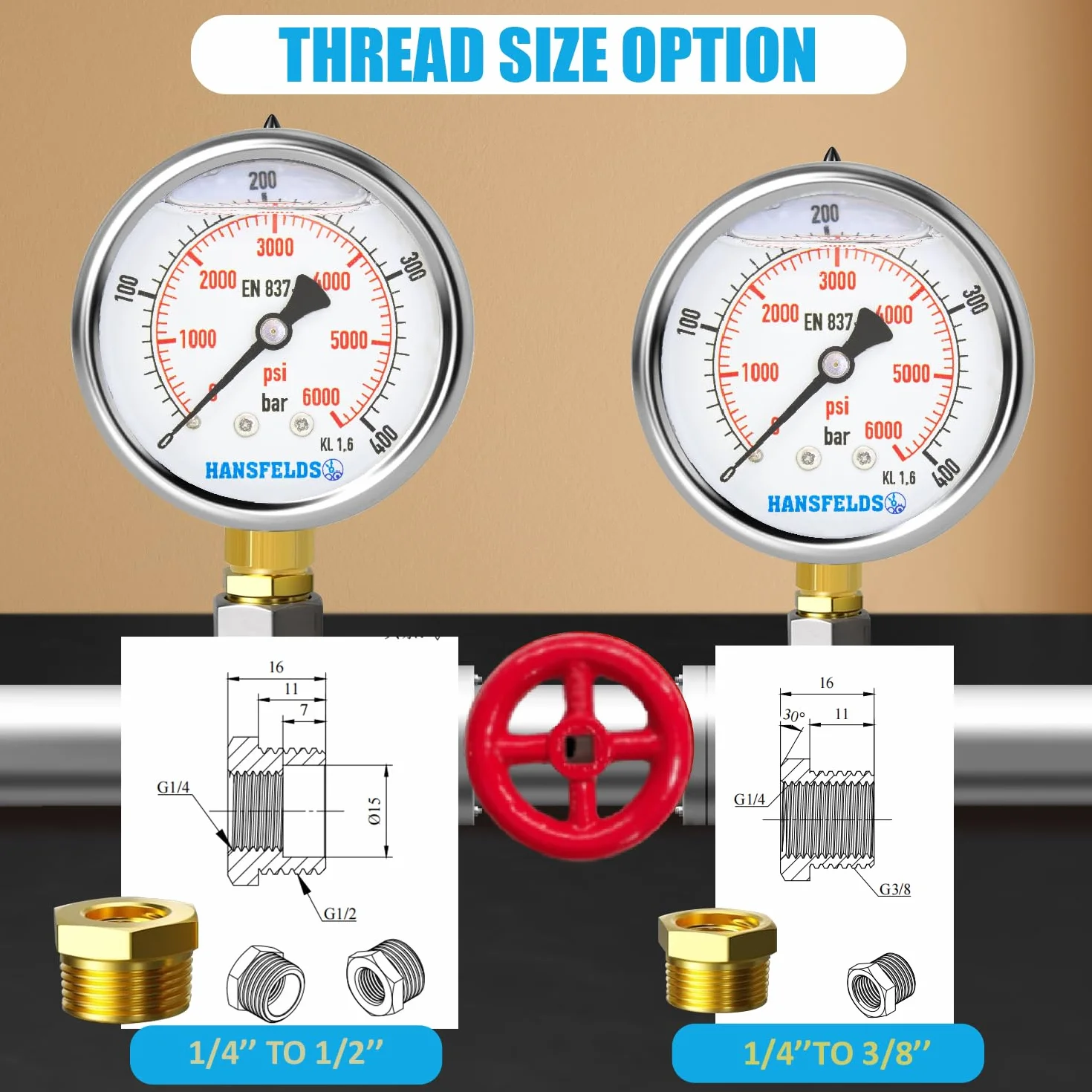 Manometr Hansfelds 0–400 bar/psi, tarcza 63 mm, mosiężne przyłącze dolne G1/4" BSP, wypełniony cieczą (gliceryną), klasa dokładności 1.6, w zestawie 2 redukcje na 3/8" i 1/2".