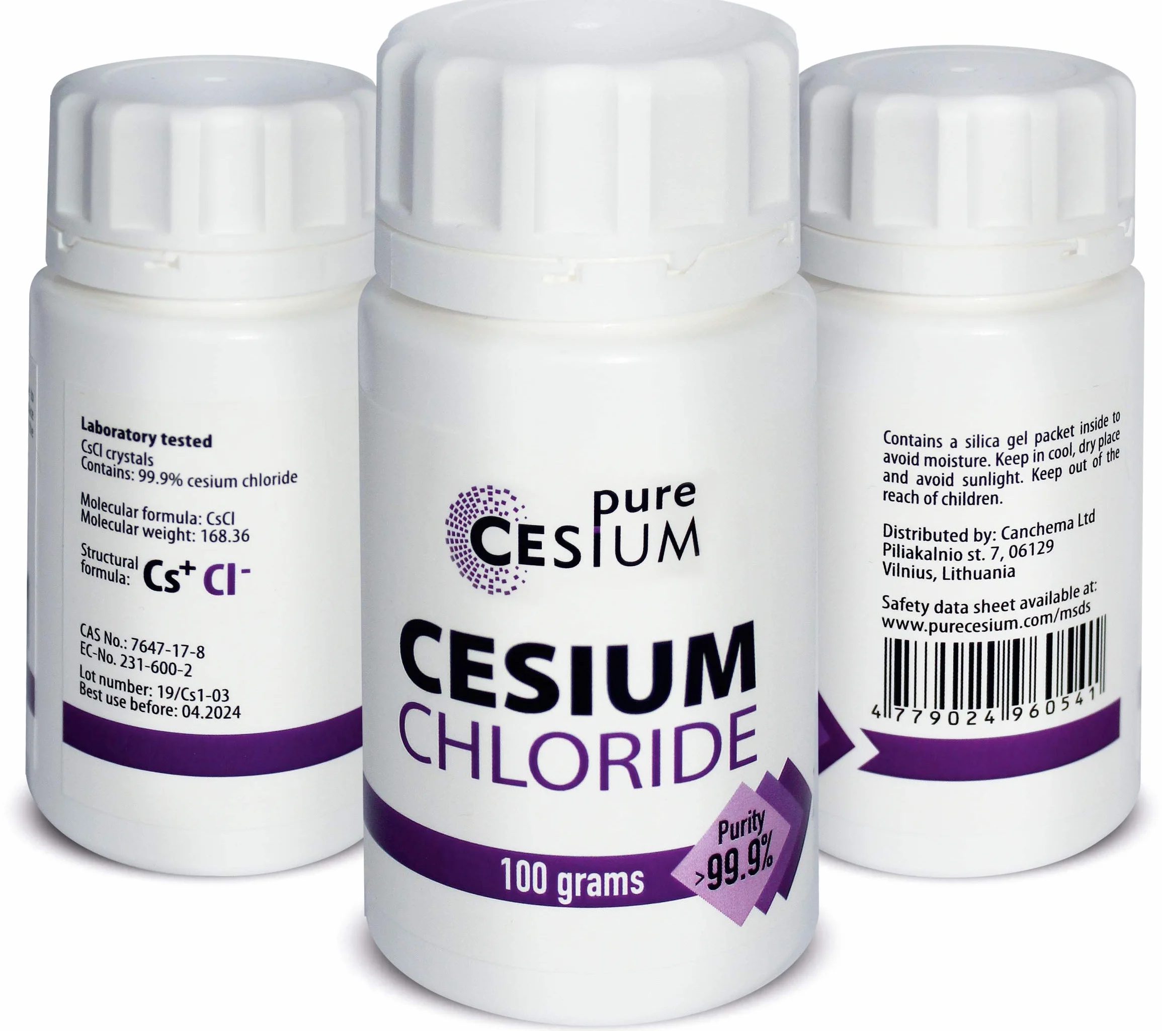 Clorku cezu (Cesiumchlorid) CsCl 100g proszek, czystość >99,99%, Wyprodukowano w Europie, od Pure Cesium, Wraz z certyfikatem analitycznym, Przetestowane w certyfikowanym laboratorium 3,5oz (100g)
