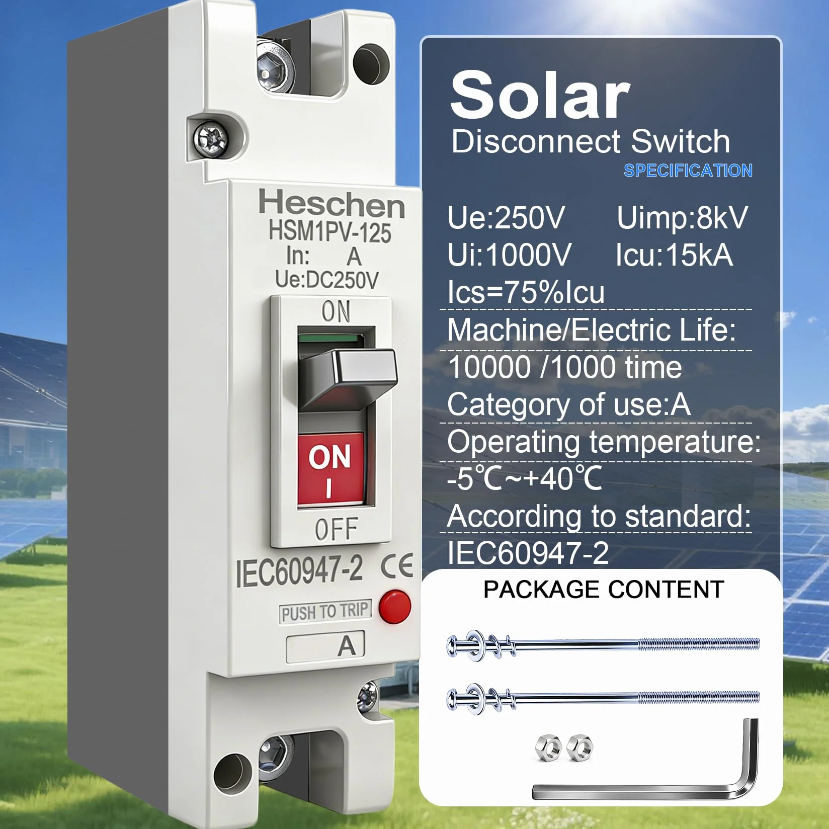 Heschen HSM1PV-125 Przełącznik DC MCCB 1-biegunowy DC250V 125A do instalacji solarnej PV
