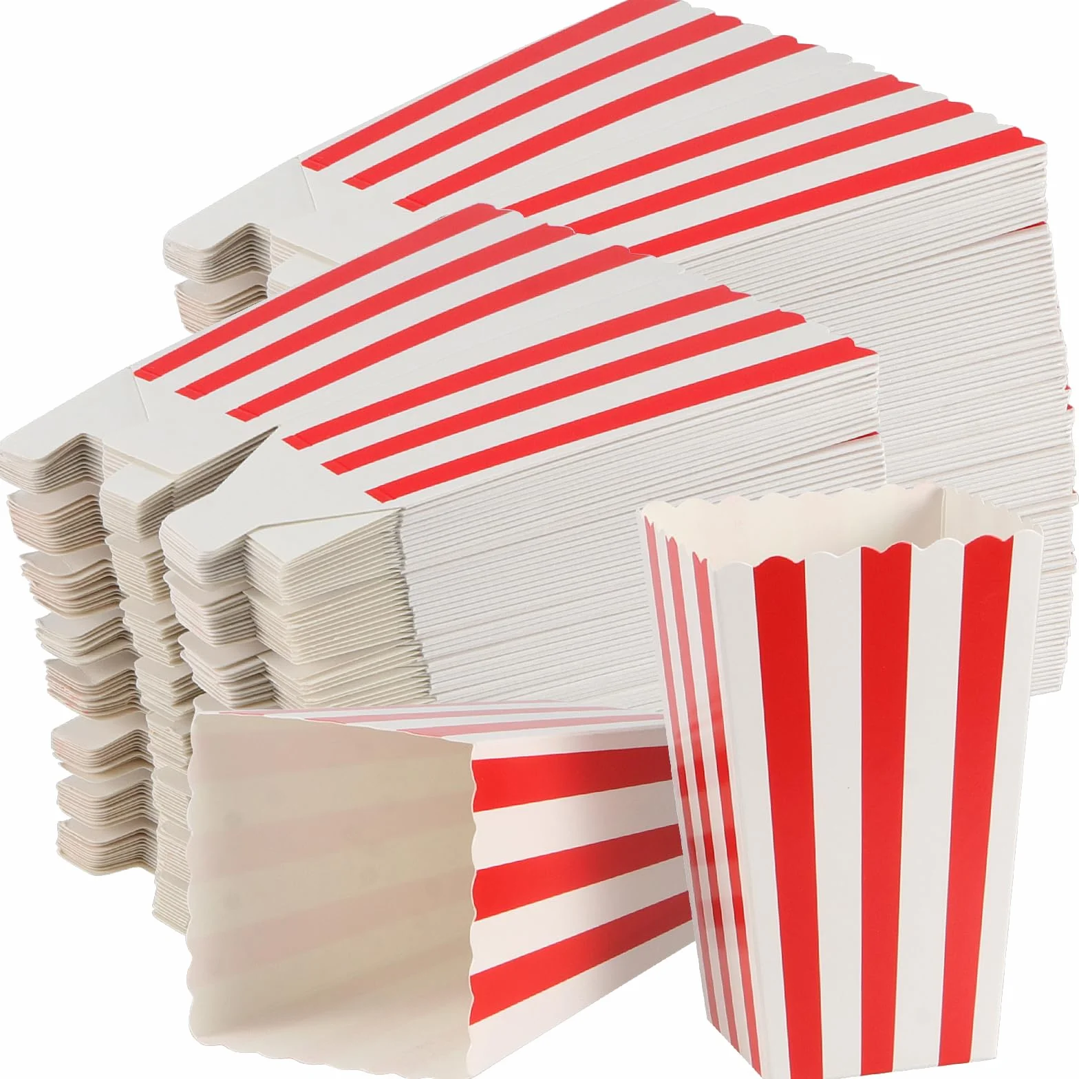 ZOENHOU 120 sztuk torebek na popcorn czerwono-białe paski mini pudełka na przekąski kartonowe pojemniki na słodycze zestaw