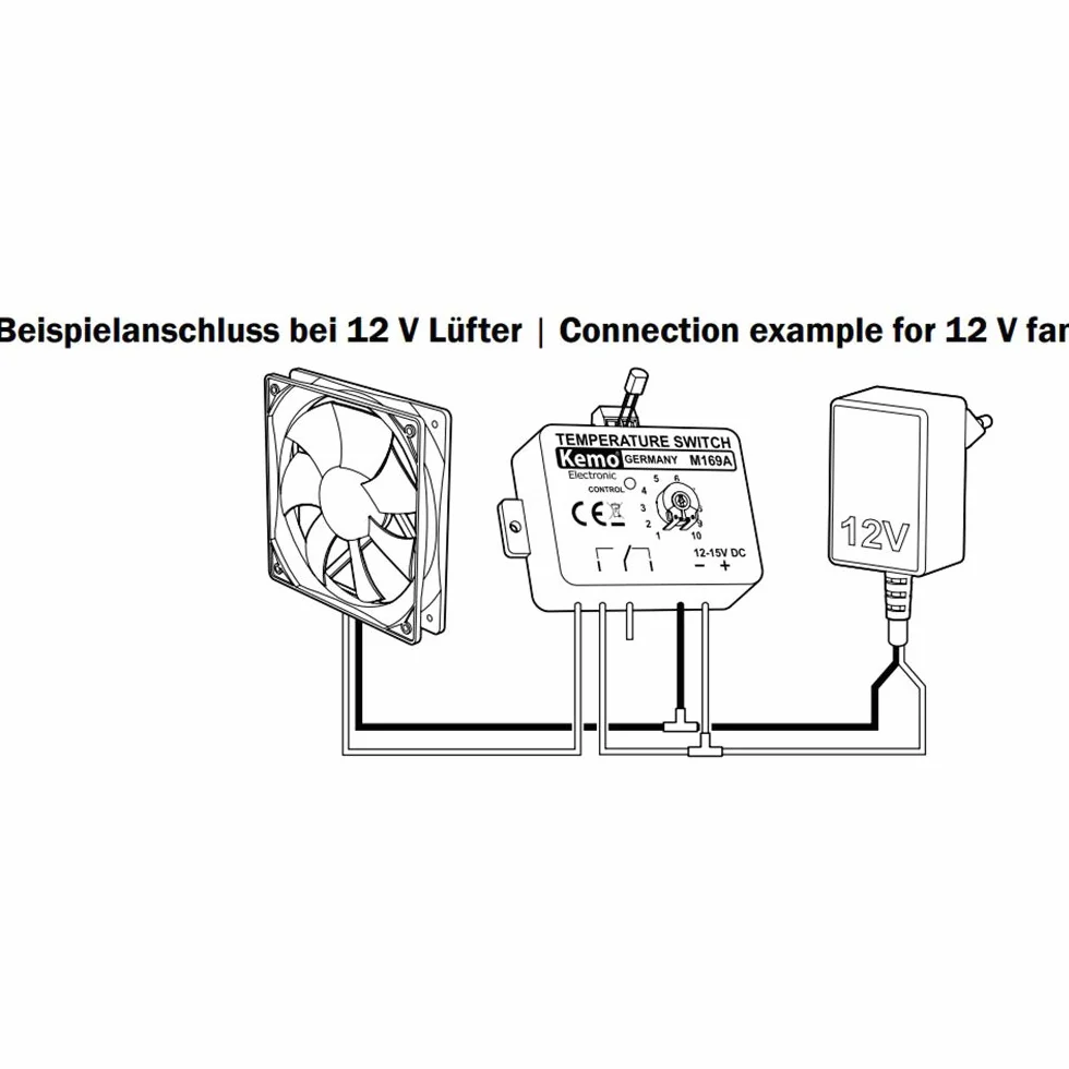 Kemo M169A regulowany elektroniczny przełącznik temperatury termostat 12 V/DC. Zakres przełączania temperatury 0-100°C. Możliwe połączenie z elektroniką sterującą