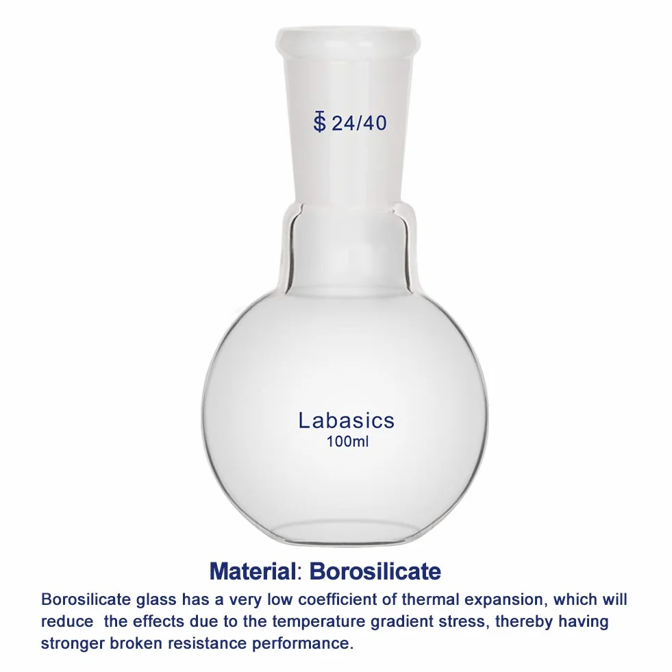 Labasics szklana butelka 100 ml pojedyncza szyjka płaska butelka do gotowania z płaskim dnem, ze standardowym stożkiem 24/40 - 100 ml