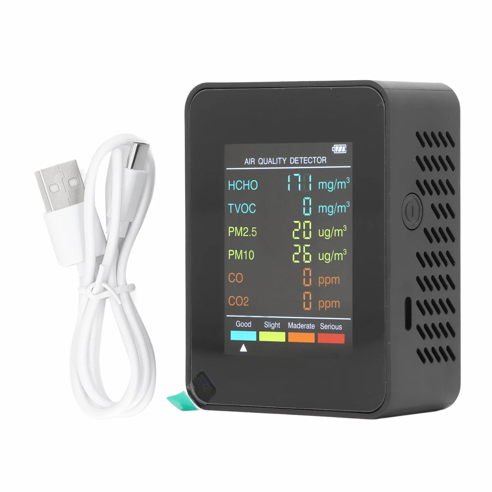 Monitor Jakości Powietrza, CO2 TVOC HCHO PM2.5 PM10 Tester Jakości Powietrza w Pomieszczeniach dla Domu, z Podświetlanym Wyświetlaczem LCD, ładowany Przez USB (BLACK)