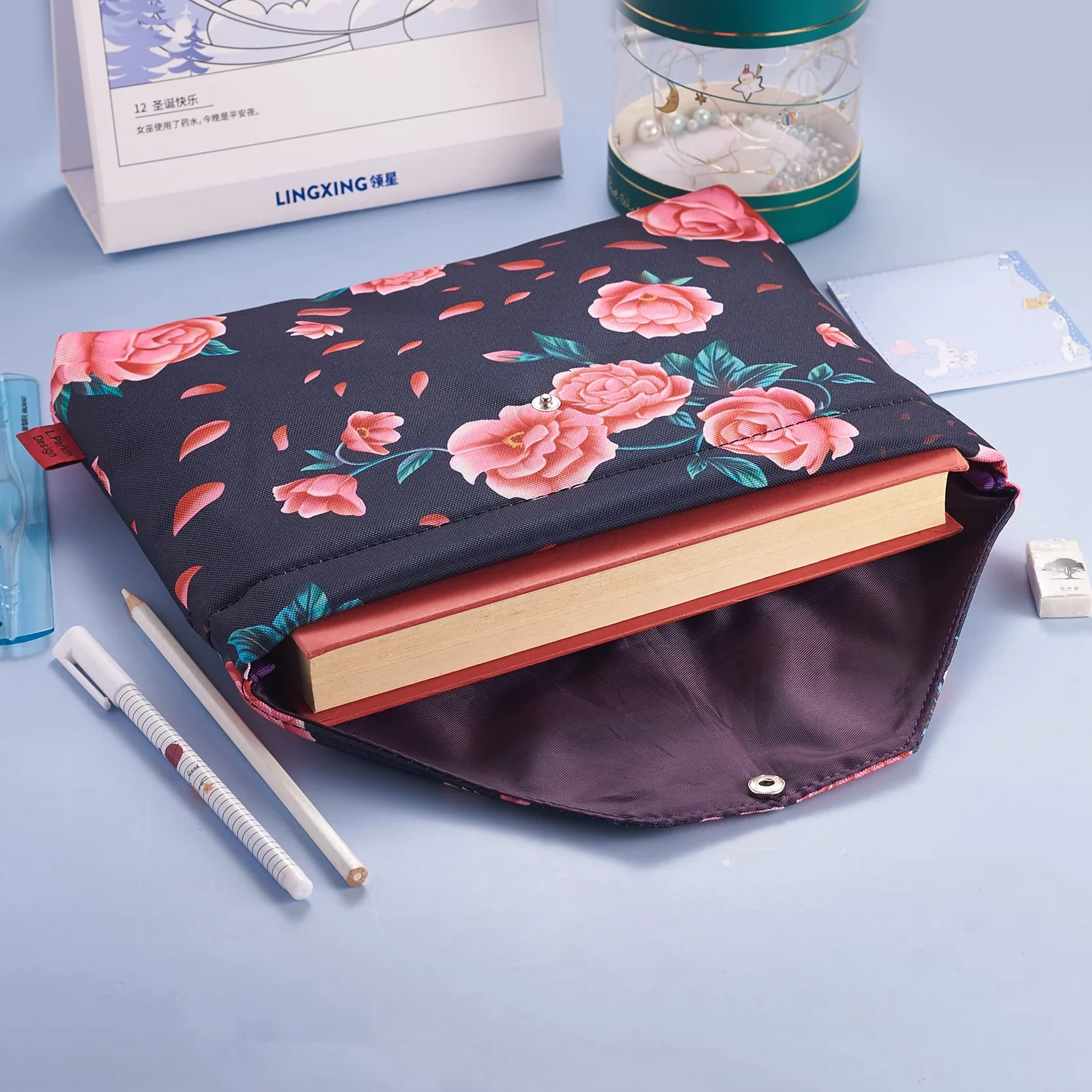 Camellia Kwiatowy pokrowiec na książki, etui na książki w miękkiej okładce, rękawy na książki z wyściełanym zamkiem błyskawicznym, 39 x 25 cm