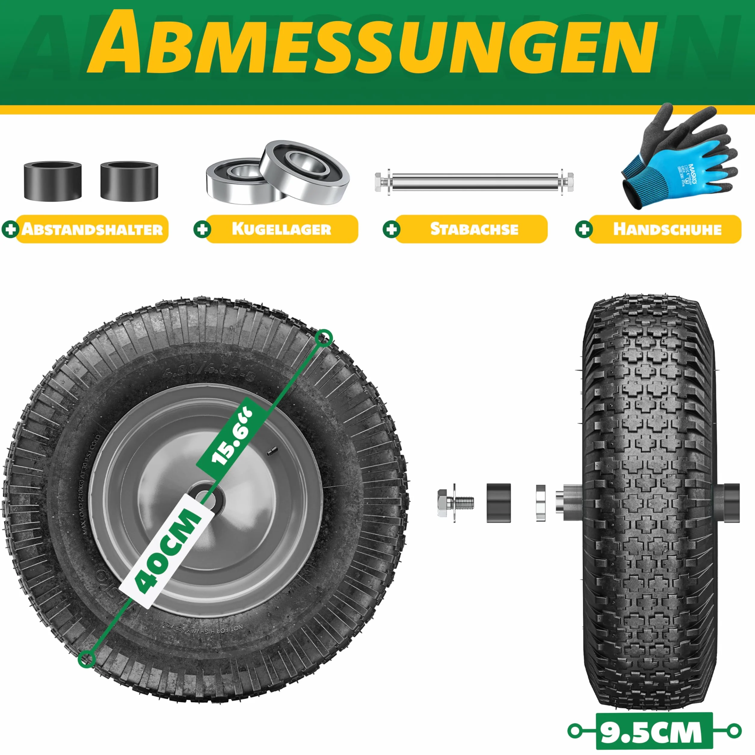 MASKO® Koło do taczki, ogumienie pneumatyczne, 250 kg, koło zapasowe, opony pneumatyczne, taczka ogrodowa 40 cm / 15,6", bardzo szerokie, 9,5 cm, koło pneumatyczne, odporne na przebicie opony z felgą