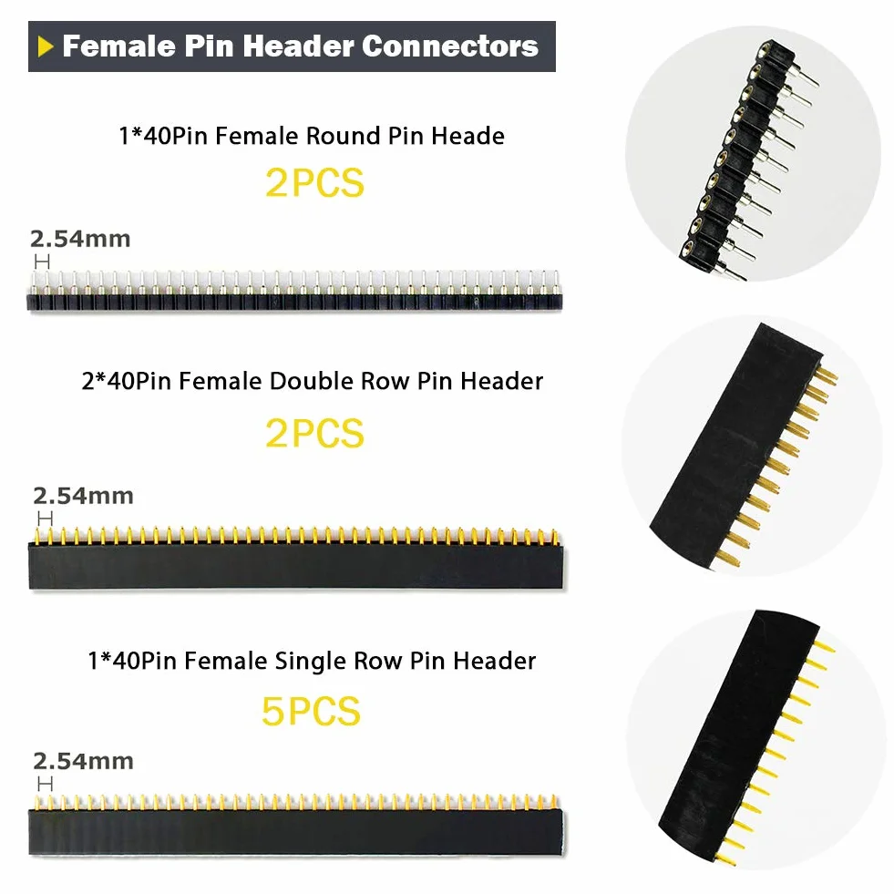 Zestaw złączy wtykowych i zaślepek rozruchowych, 300 szt. 2,54 mm zaślepki do komputera + 35 szt. płytki PCB 40-pinowe proste / kątowe / okrągłe pojedyncze/dwurzędowe męskie żeńskie złącza