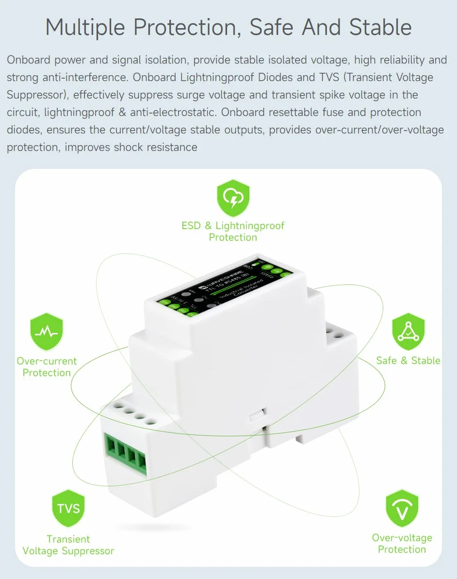Waveshare Rail-mount TTL to RS485 Galvanic Isolated Converter 600W Lightningproof Anti-Surge