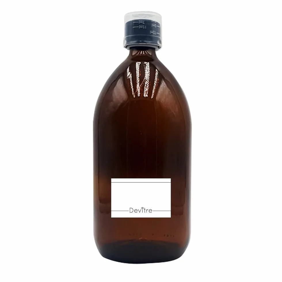 Szklana butelka 1000 ml brązowa z pokrywką, kubek z miarką i etykietą