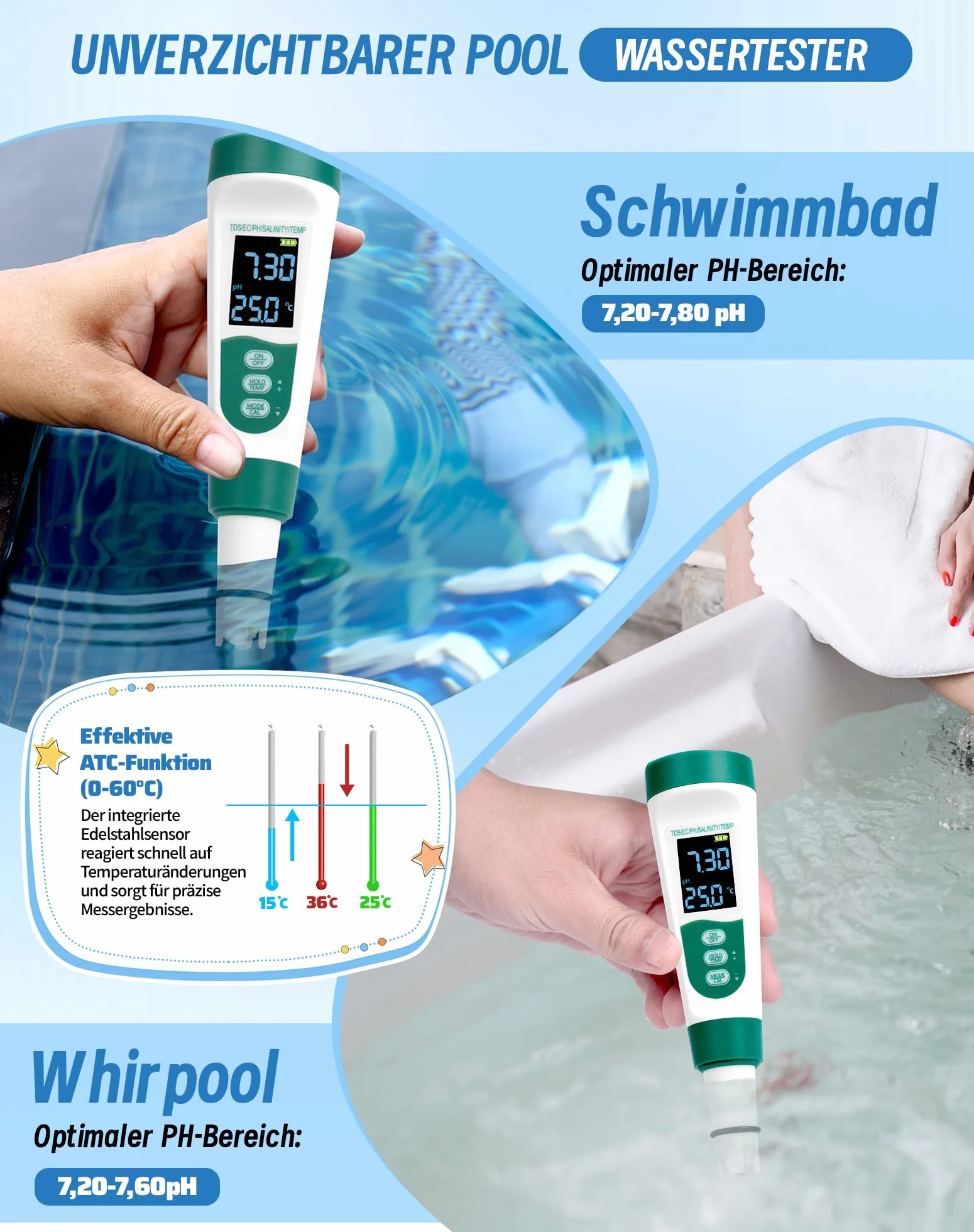 Miernik pH 5 w 1 TDS EC PH Temp Salt(%) do basenów, wody pitnej, hydrokultura, jacuzzi, akwarium, SPA, brwi, miernik PHEC, tester jakości wody