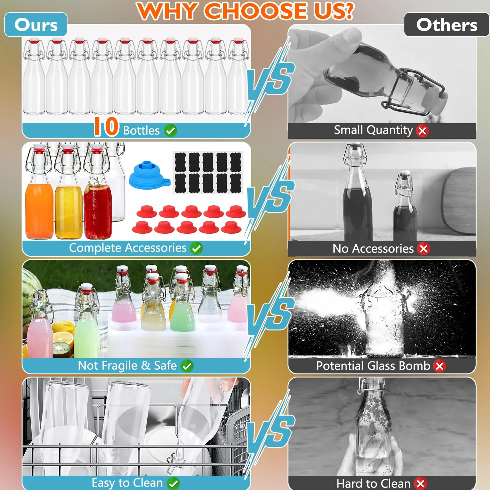 Szklane butelki 250 ml z zamknięciem pałąkowym 10 sztuk