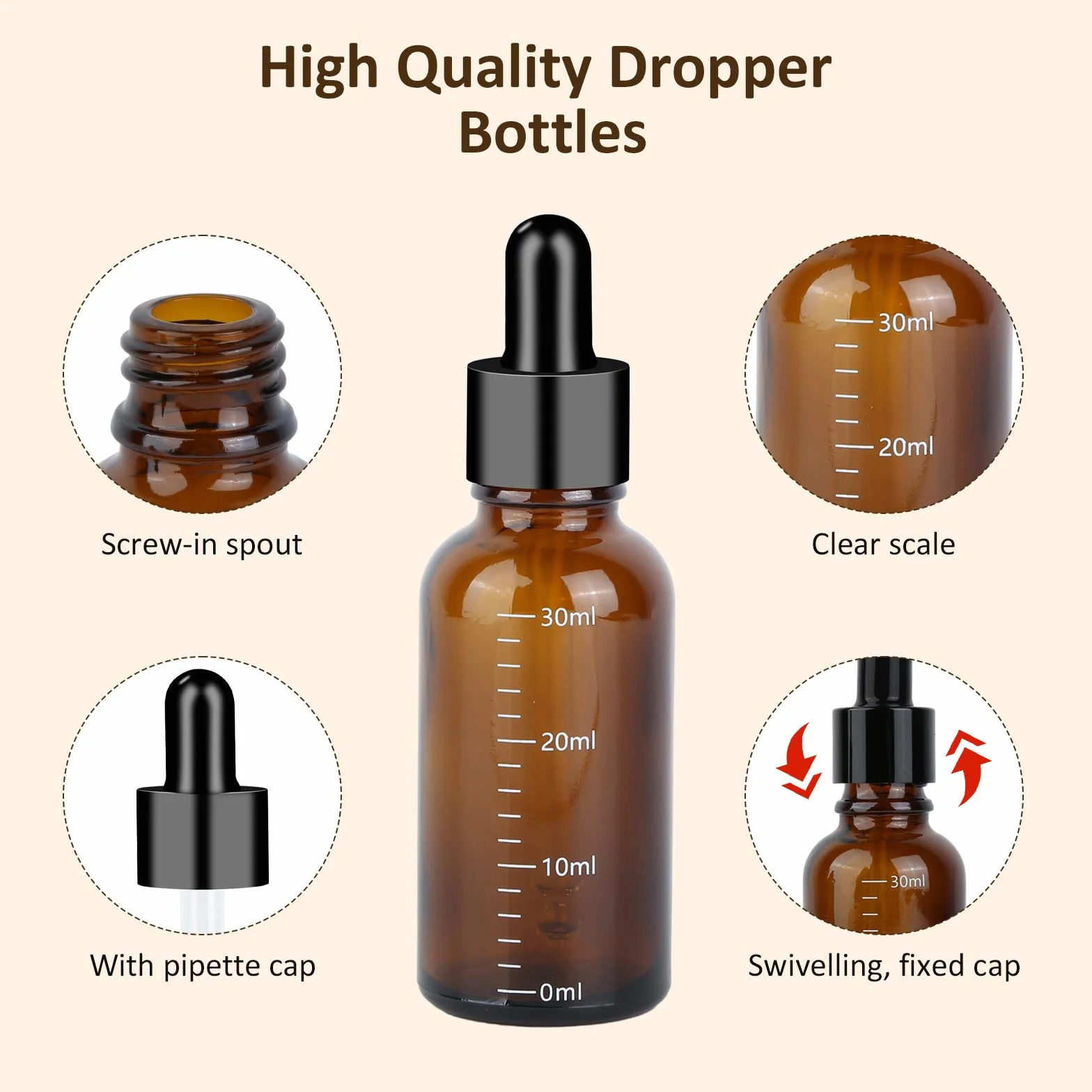 8 butelek z pipetą 30 ml, butelki z brązowego szkła, butelka apteczna, z pipetą do olejków eterycznych, olejków perfumowanych, aromaterapii (30 ml – 8)