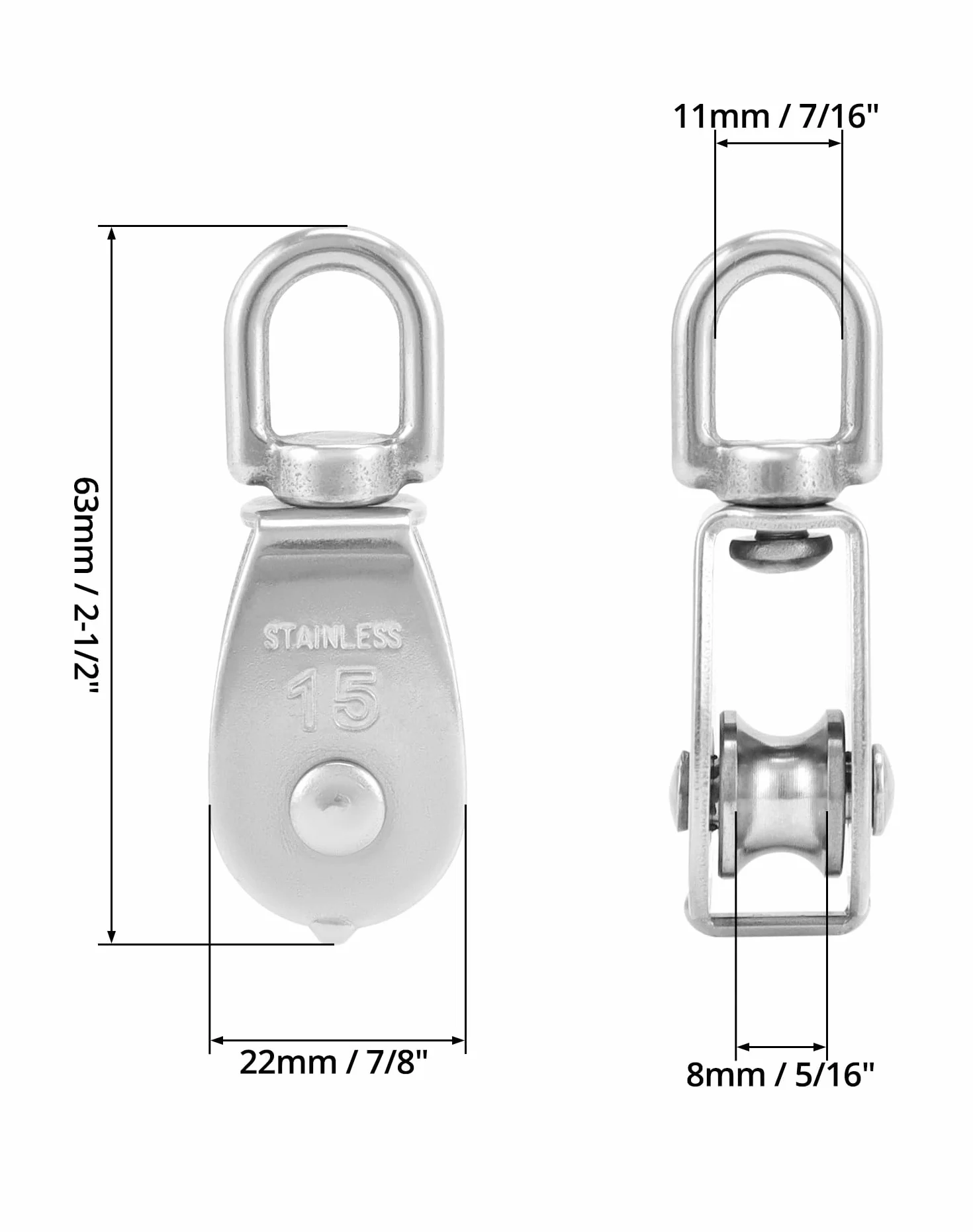 QWORK® 12 sztuk bloczek M15, bloczki ze stali nierdzewnej 304 do lin stalowych o średnicy do 6 mm, nośność 35 kg