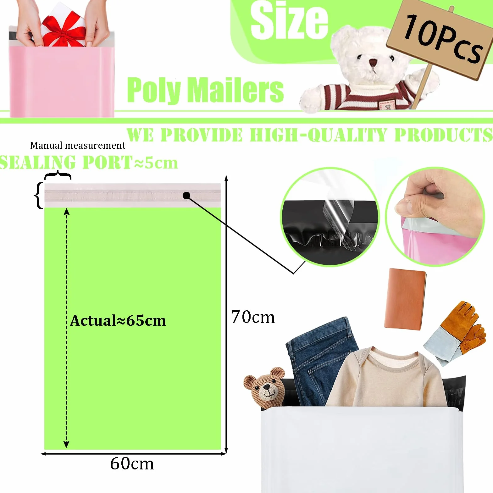 10 szt. 60 x 70 cm zielone Vinted torby pocztowe torby wysyłkowe na ubrania, torby pocztowe samoprzylepne do wysyłki, duże torby do wysyłki, mocne torby do pakowania, plastikowe koperty do wysyłania