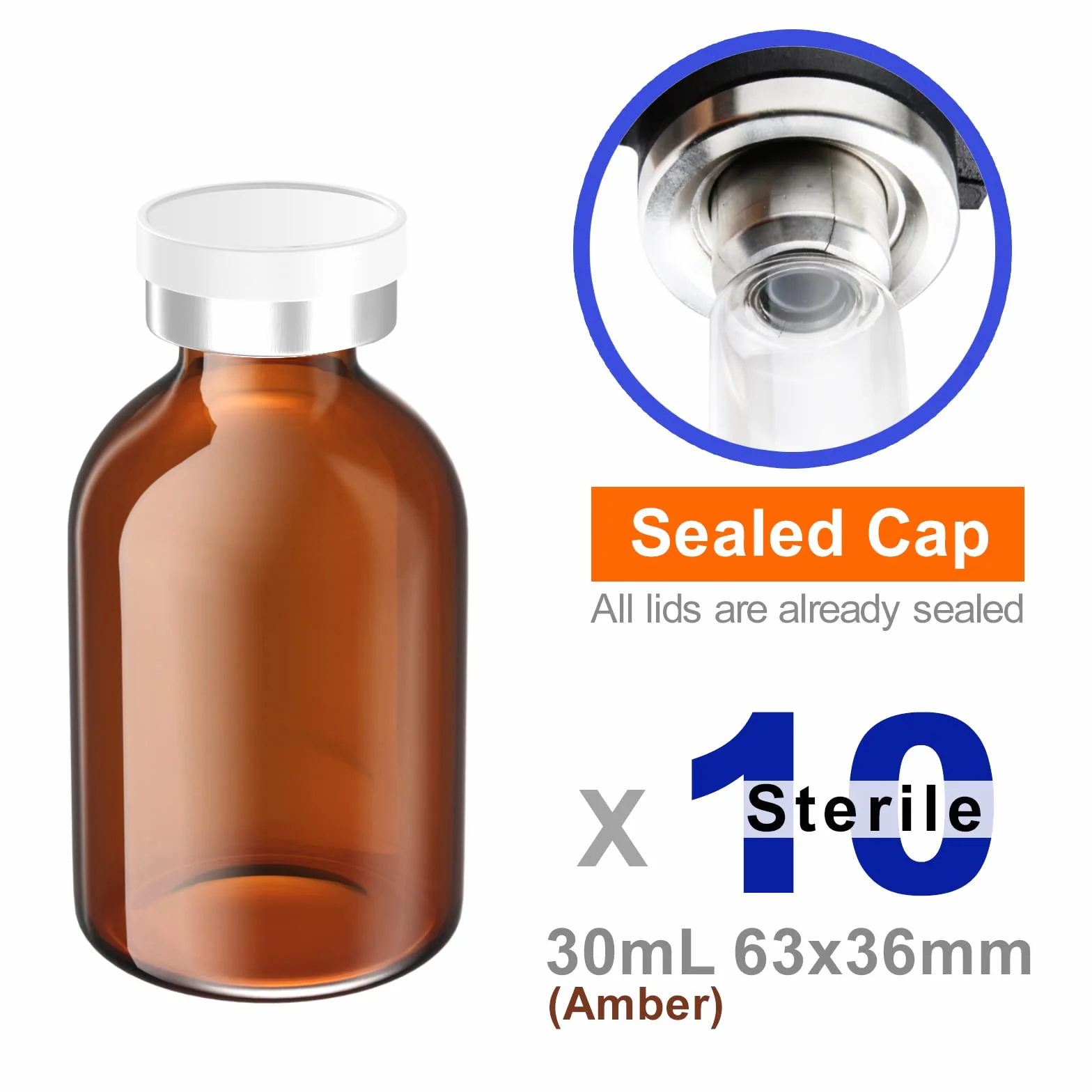 Sterylne puste fiolki 30 ml bursztyn z portem wtryskowym i aluminiową nasadką 10 szt.
