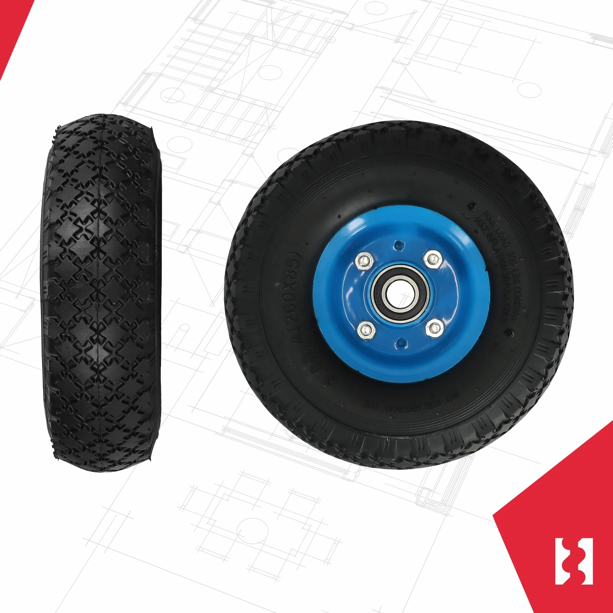 KOTARBAU® Zestaw 2 kół do wózka transportowego 260 x 85 mm 3.00-4, pełne opony gumowe, wzmocnione 4PR