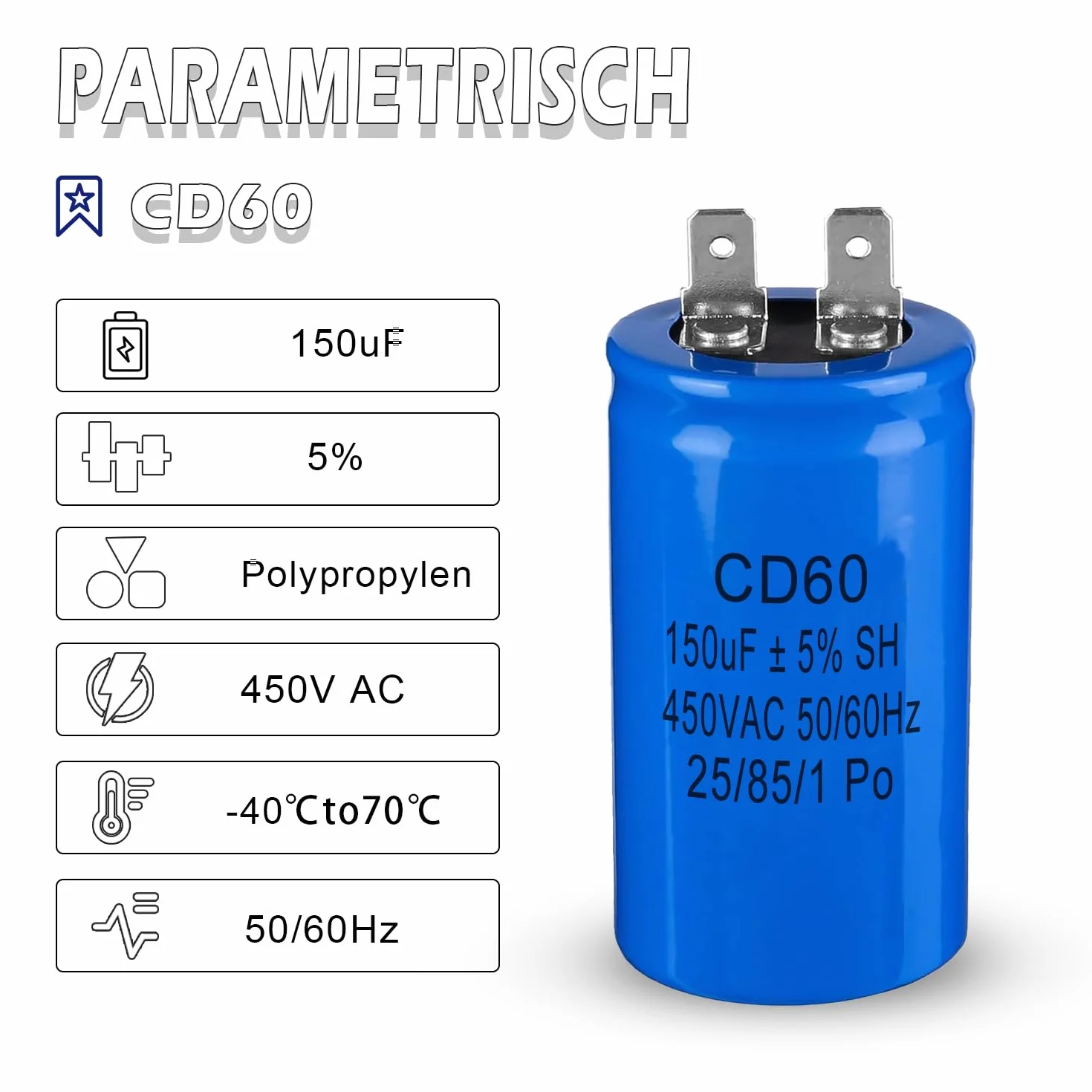 Iruihoo CD60 kondensator silnikowy 150µF 450 V 50/60 Hz rozruchowy