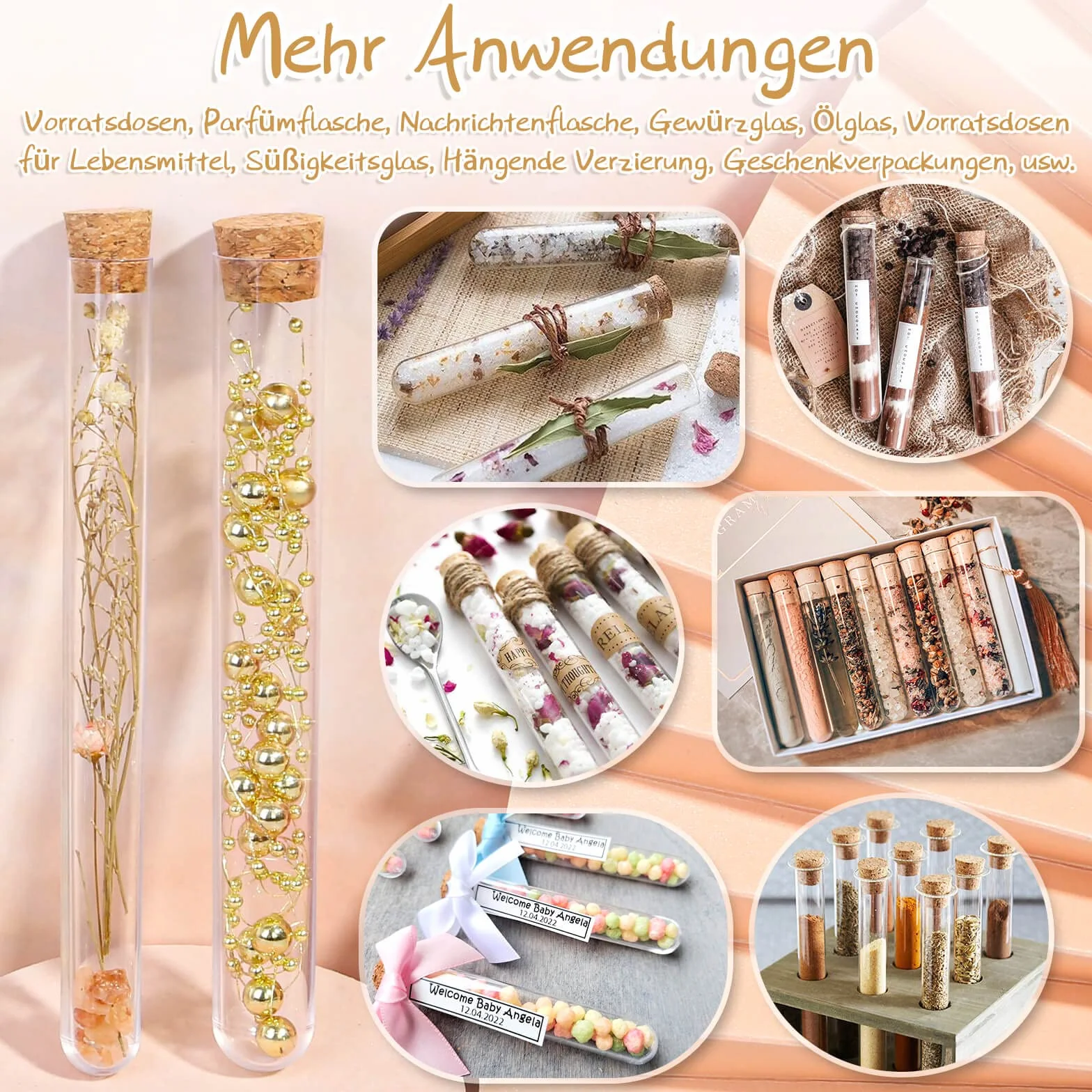 modacraft 50 sztuk dużych probówek z korkiem na słodycze, kwiaty, sól do kąpieli, prezenty dla gości weselnych, 25 szt. 30 ml i 25 szt. 25 ml, tworzywo sztuczne, probówka, 60 szt., zawieszka 20 m sznurek jutowy lejek