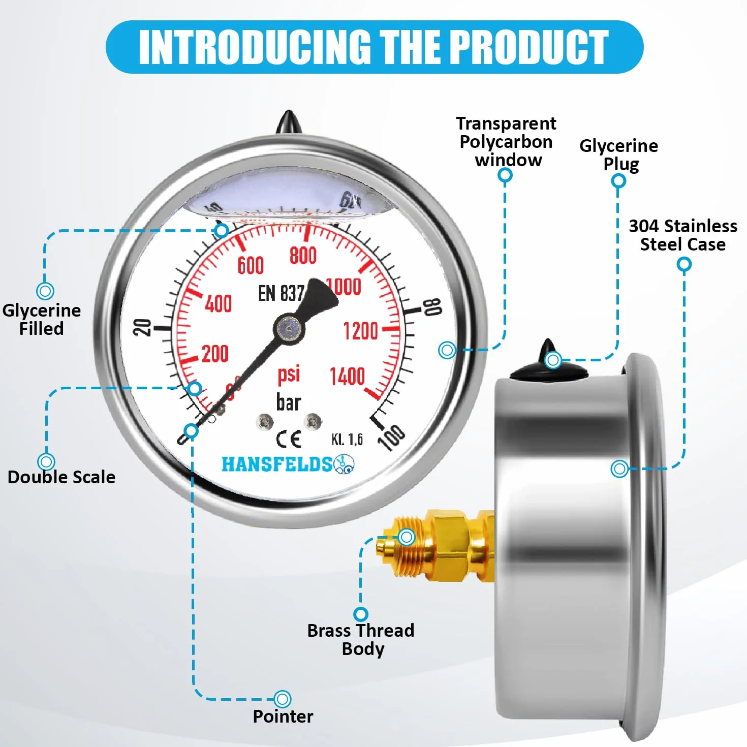 Manometr Hansfelds 0–100 bar/PSI, tarcza 63 mm, przyłącze mosiężne G1/4" BSP, wypełniony cieczą, klasa 1.6