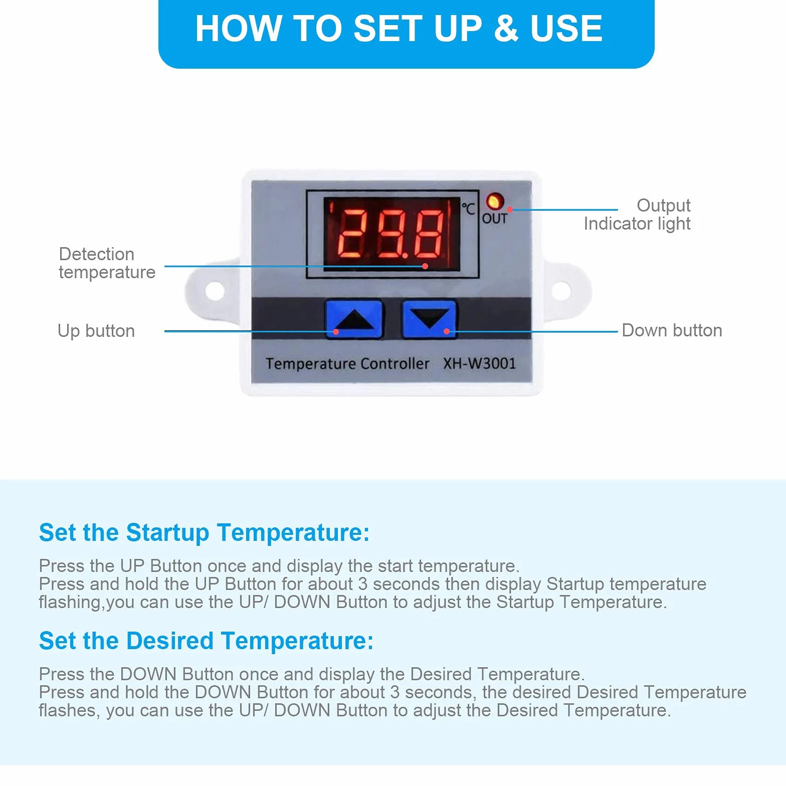 RUIZHI XH-W3001 cyfrowy regulator temperatury z wyświetlaczem LCD, DC 12V 120W termostat z wodoodpornym czujnikiem, mikrokomputerowy termostat