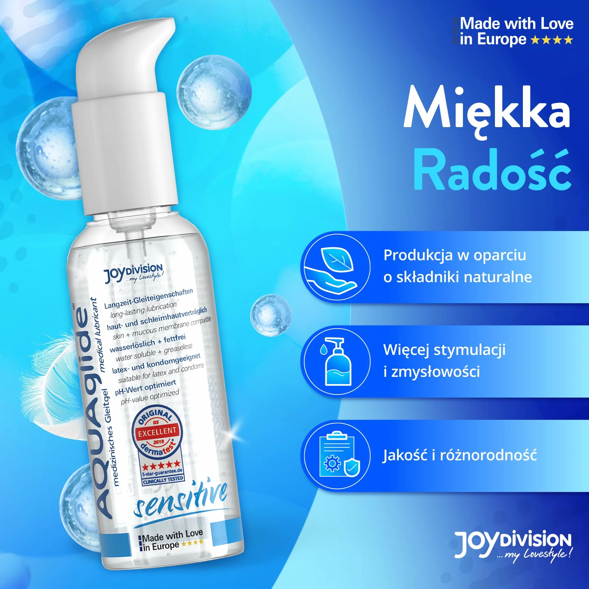 JOYDIVISION Oryginalny lubrykant AQUAglide Sensitive 125 ml, krystalicznie czysty i wegański lubrykant, o zoptymalizowanym pH i kompatybilny z prezerwatywami lateksowymi.