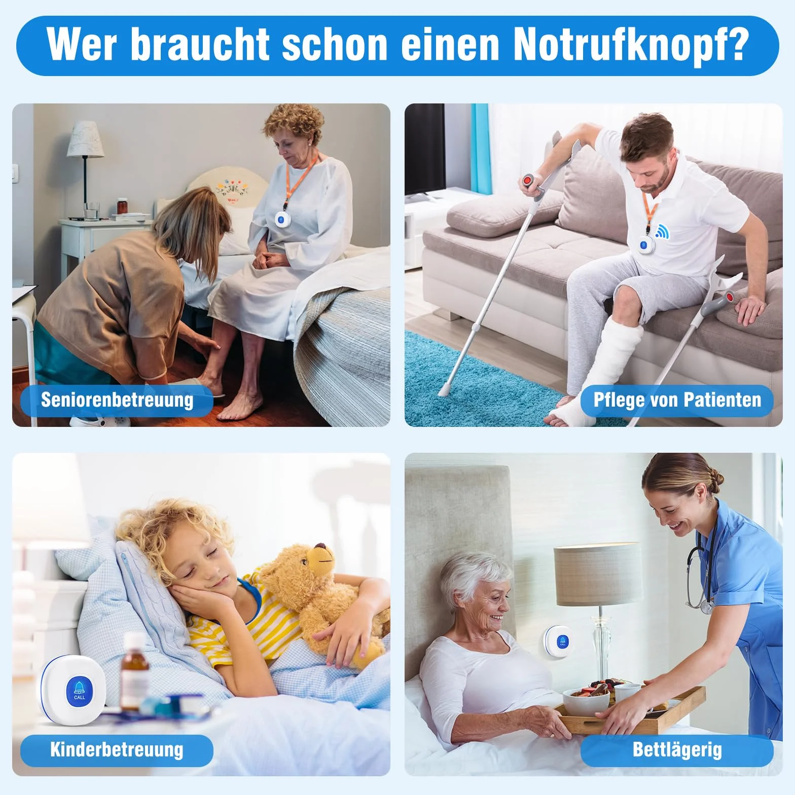 DAYTECH Przycisk alarmowy dla seniorów, przycisk awaryjny z 55 dzwonkami, 5 regulowanych poziomów głośności, bransoletka dla osób starszych/pacjentów/niepełnosprawnych
