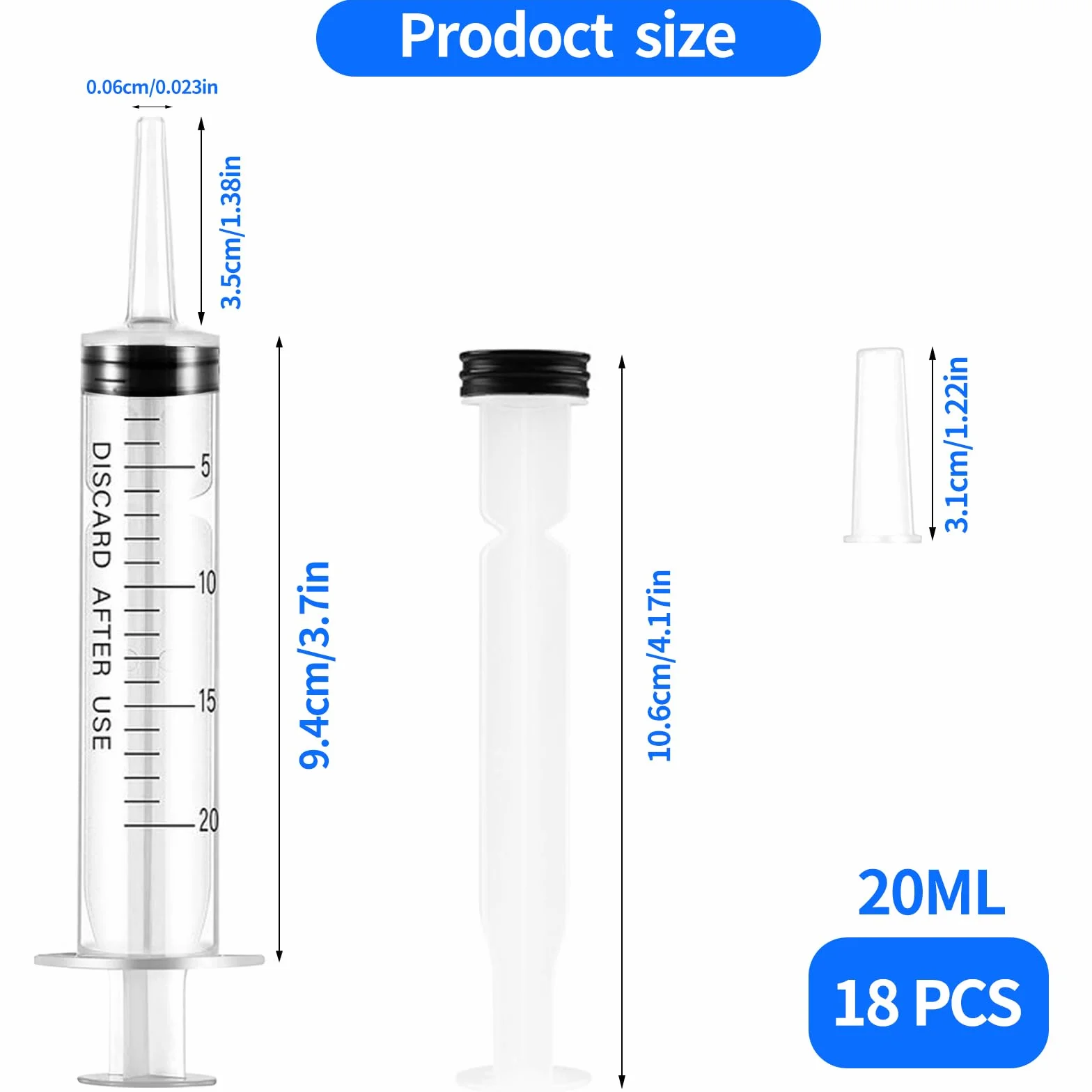 18 sztuk strzykawek 20 ml z pokrywką, strzykawki z tworzywa sztucznego bez igły, sterylne strzykawki, pojedynczo zapakowane strzykawki do laboratorium, karmienia zwierząt, nawadniania roślin