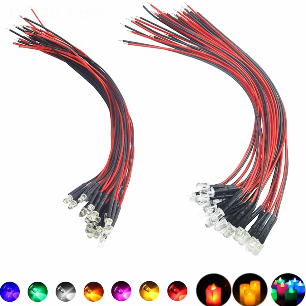 35 sztuk (7 kolorów x 5 sztuk) 3 mm świecowe diody LED świecowe LED Pre Wired 7,9 cala DC 9-12 V zestaw lamp emitujących różne kolory ciepła biel czerwony żółty zielony niebieski pomarańczowy