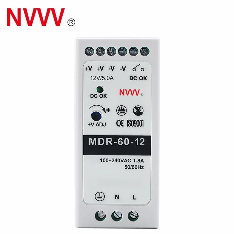 MDR-60-12 AC na DC DIN-Rail szyny montażowe, zasilacz 12 V 5 A 60 W, niebiesko-biały